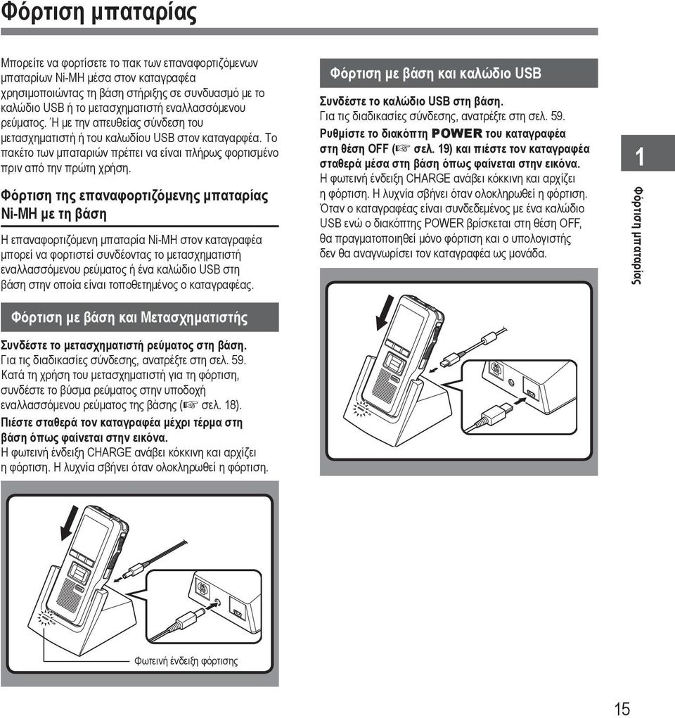Φόρτιση της επαναφορτιζόμενης μπαταρίας Ni-MH με τη βάση Η επαναφορτιζόμενη μπαταρία Ni-MH στον καταγραφέα μπορεί να φορτιστεί συνδέοντας το μετασχηματιστή εναλλασσόμενου ρεύματος ή ένα καλώδιο USB
