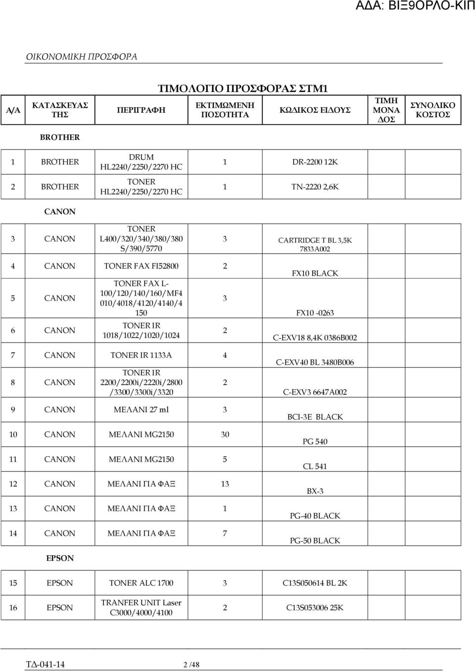 00/408/420/440/4 50 TONER IR 08/022/020/024 7 CANON TONER IR 33A 4 8 CANON TONER IR 2200/2200i/2220i/2800 /3300/3300i/3320 9 CANON ΜΕΛΑΝΙ 27 ml 3 0 CANON ΜΕΛΑΝΙ MG250 30 CANON ΜΕΛΑΝΙ MG250 5 2 CANON