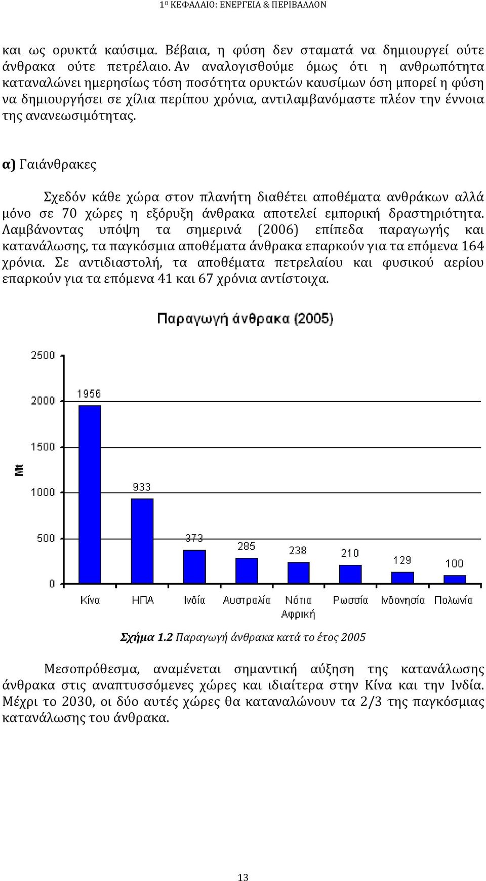 ανανεωσιμότητας. α) Γαιάνθρακες Σχεδόν κάθε χώρα στον πλανήτη διαθέτει αποθέματα ανθράκων αλλά μόνο σε 70 χώρες η εξόρυξη άνθρακα αποτελεί εμπορική δραστηριότητα.