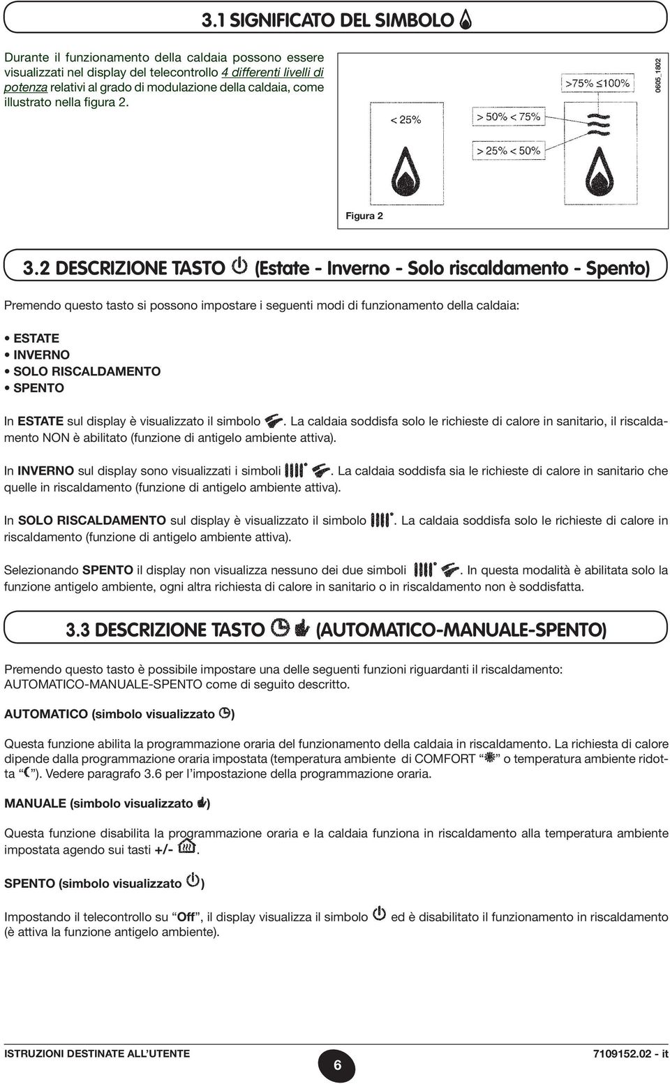 2 DESCRIZIONE TASTO (Estate - Inverno - Solo riscaldamento - Spento) Premendo questo tasto si possono impostare i seguenti modi di funzionamento della caldaia: ESTATE INVERNO SOLO RISCALDAMENTO