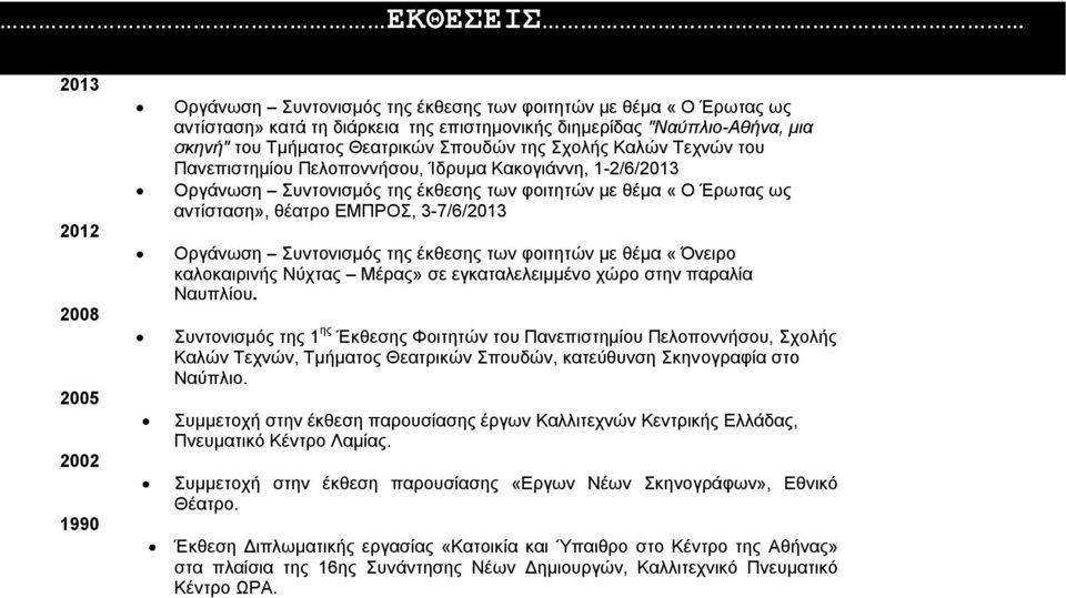 ΕΜΠΡΟΣ, 3-7/6/2013 Οργάνωση Συντονισμός της έκθεσης των φοιτητών με θέμα «Όνειρο καλοκαιρινής Νύχτας Μέρας» σε εγκαταλελειμμένο χώρο στην παραλία Ναυπλίου.