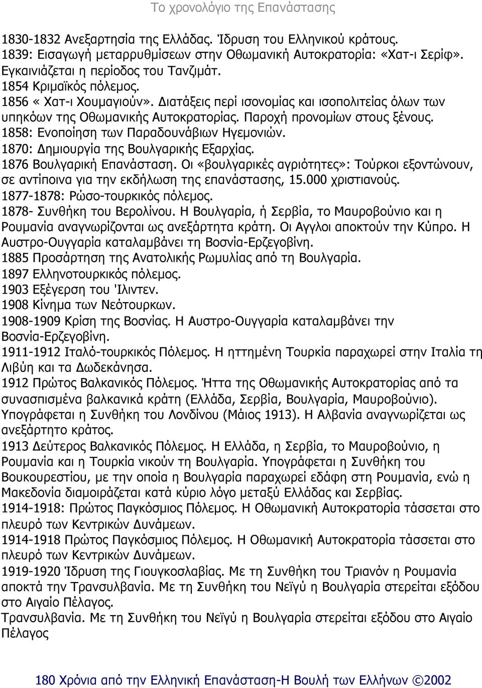 1858: Ενοποίηση των Παραδουνάβιων Ηγεµονιών. 1870: ηµιουργία της Βουλγαρικής Εξαρχίας. 1876 Βουλγαρική Επανάσταση.