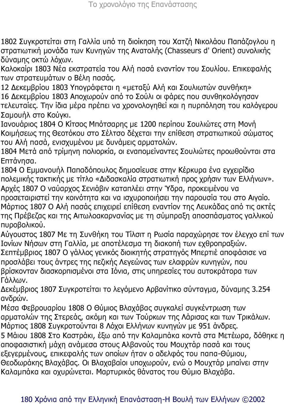 12 εκεµβρίου 1803 Υπογράφεται η «µεταξύ Αλή και Σουλιωτών συνθήκη» 16 εκεµβρίου 1803 Αποχωρούν από το Σούλι οι φάρες που συνθηκολόγησαν τελευταίες.