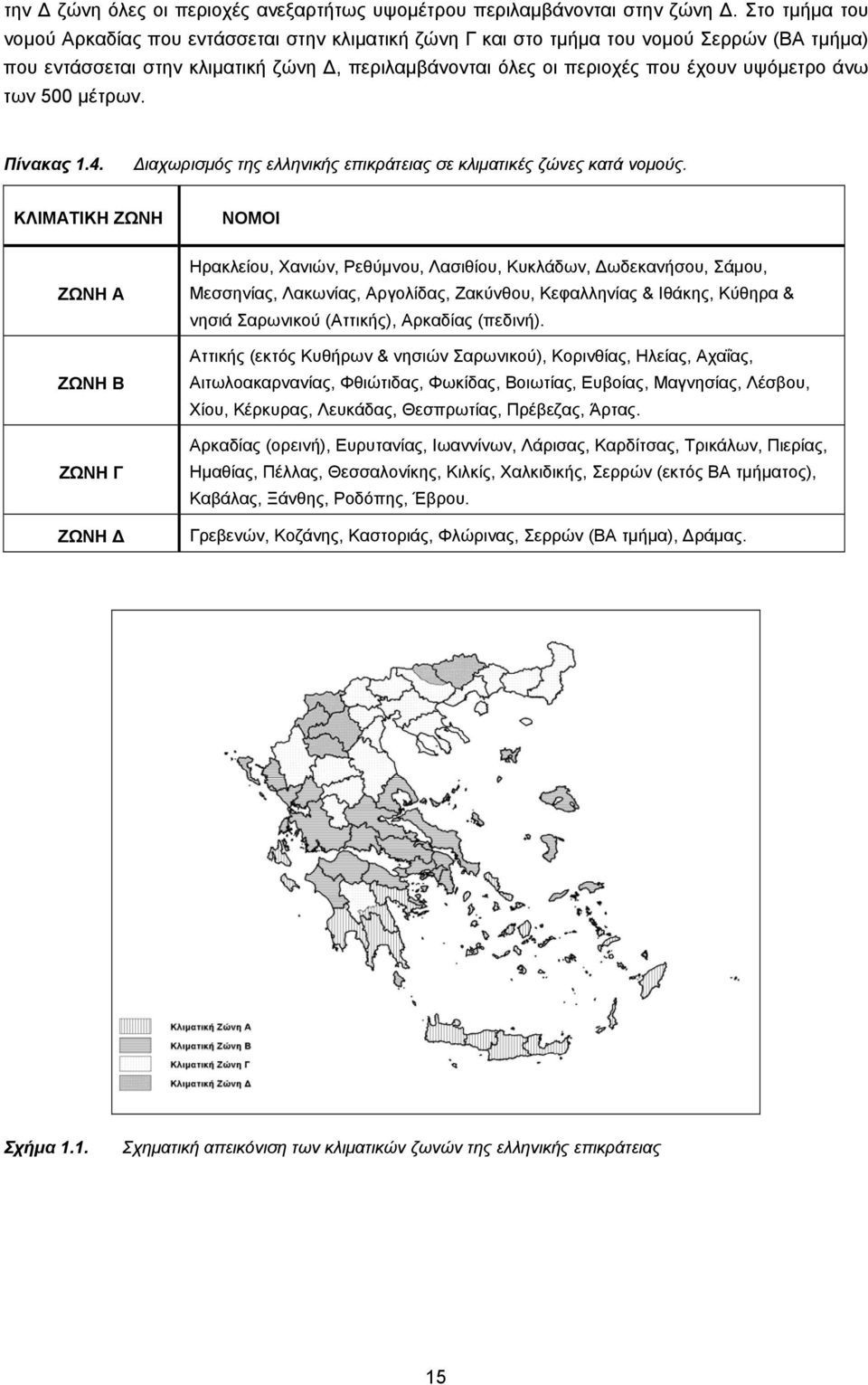 άνω των 500 μέτρων. Πίνακας 1.4. Διαχωρισμός της ελληνικής επικράτειας σε κλιματικές ζώνες κατά νομούς.