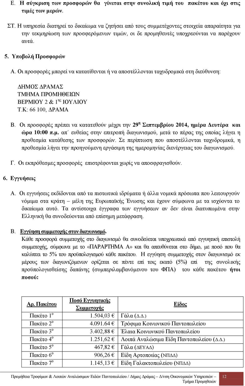 Υποβολή Προσφορών Α. Οι προσφορές μπορεί να κατατίθενται ή να αποστέλλονται ταχυδρομικά στη διεύθυνση: ΔΗΜΟΣ ΔΡΑΜΑΣ ΤΜΗΜΑ ΠΡΟΜΗΘΕΙΩΝ ΒΕΡΜΙΟΥ 2 & 1 ης ΙΟΥΛΙΟΥ Τ.Κ: 66 100, ΔΡΑΜΑ Β.