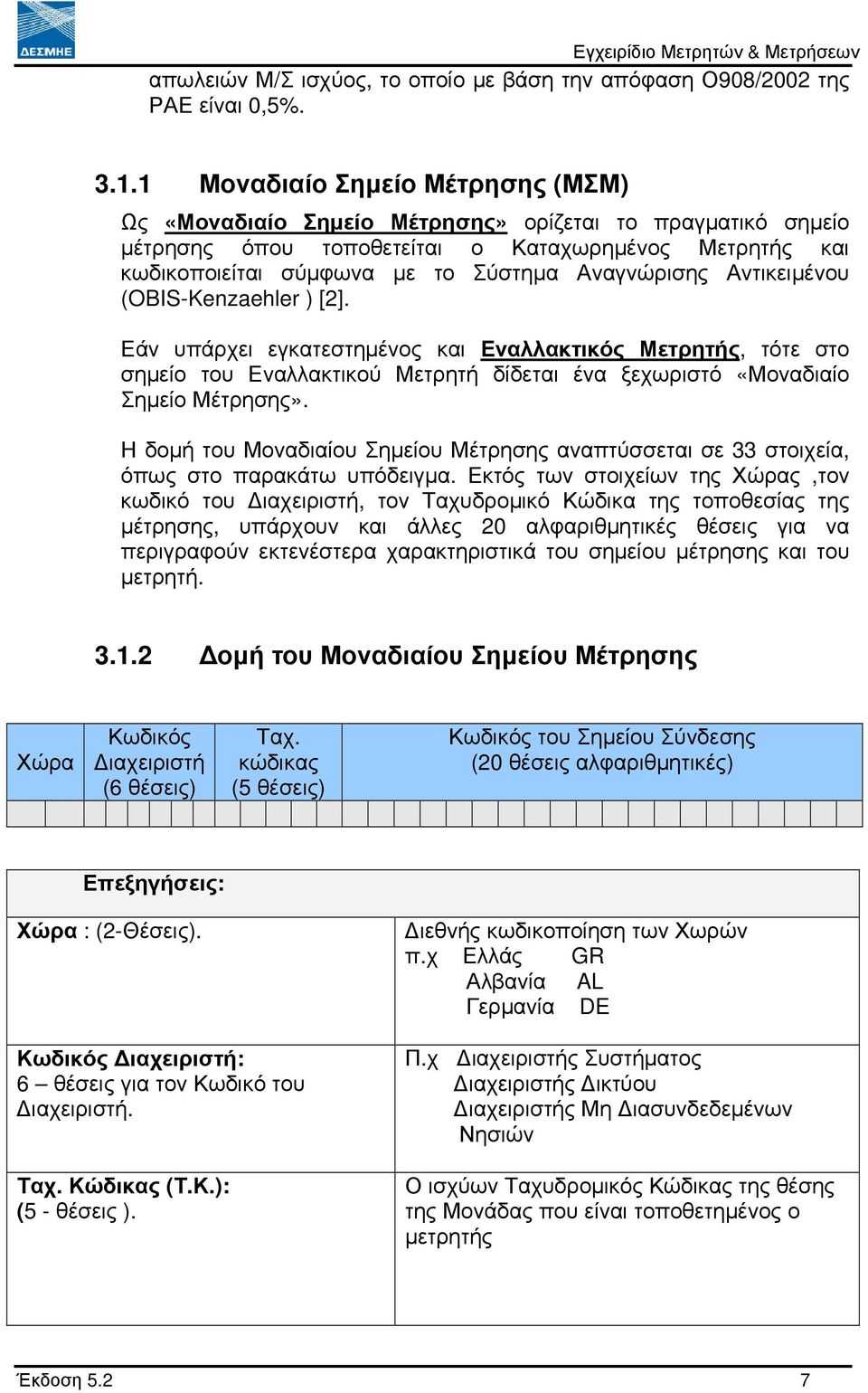 Αντικειµένου (OBIS-Kenzaehler ) [2]. Εάν υπάρχει εγκατεστηµένος και Εναλλακτικός Μετρητής, τότε στο σηµείο του Εναλλακτικού Μετρητή δίδεται ένα ξεχωριστό «Μοναδιαίο Σηµείο Μέτρησης».