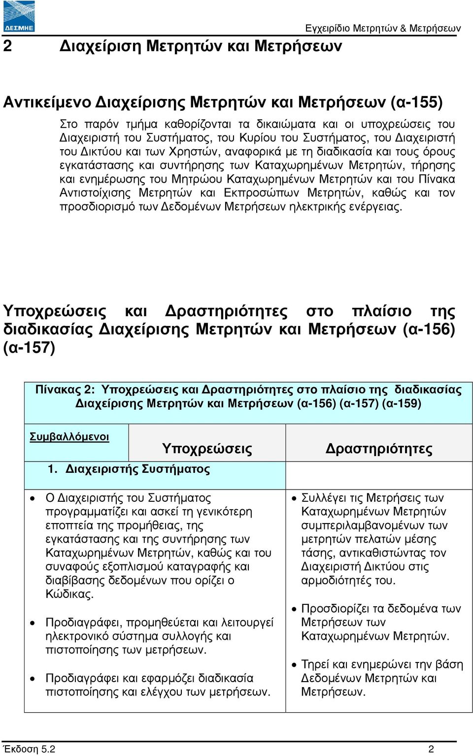 ενηµέρωσης του Μητρώου Καταχωρηµένων Μετρητών και του Πίνακα Αντιστοίχισης Μετρητών και Εκπροσώπων Μετρητών, καθώς και τον προσδιορισµό των εδοµένων Μετρήσεων ηλεκτρικής ενέργειας.