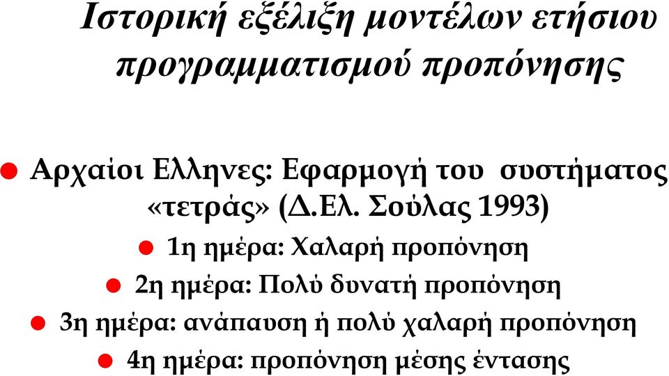 Σούλας 1993) 1ηημέρα: Χαλαρή προπόνηση 2ηημέρα: Πολύ δυνατή