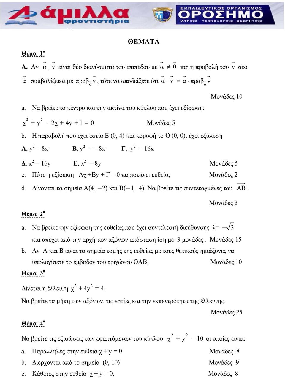 x = 16y Ε. x = 8y Μονάδες 5 c. Πότε η εξίσωση Αχ +Βy + Γ = 0 παριστάνει ευθεία; Μονάδες d. Δίνονται τα σημεία Α(4, ) και Β( 1, 4). Να βρείτε τις συντεταγμένες του AB. Μονάδες 3 a.