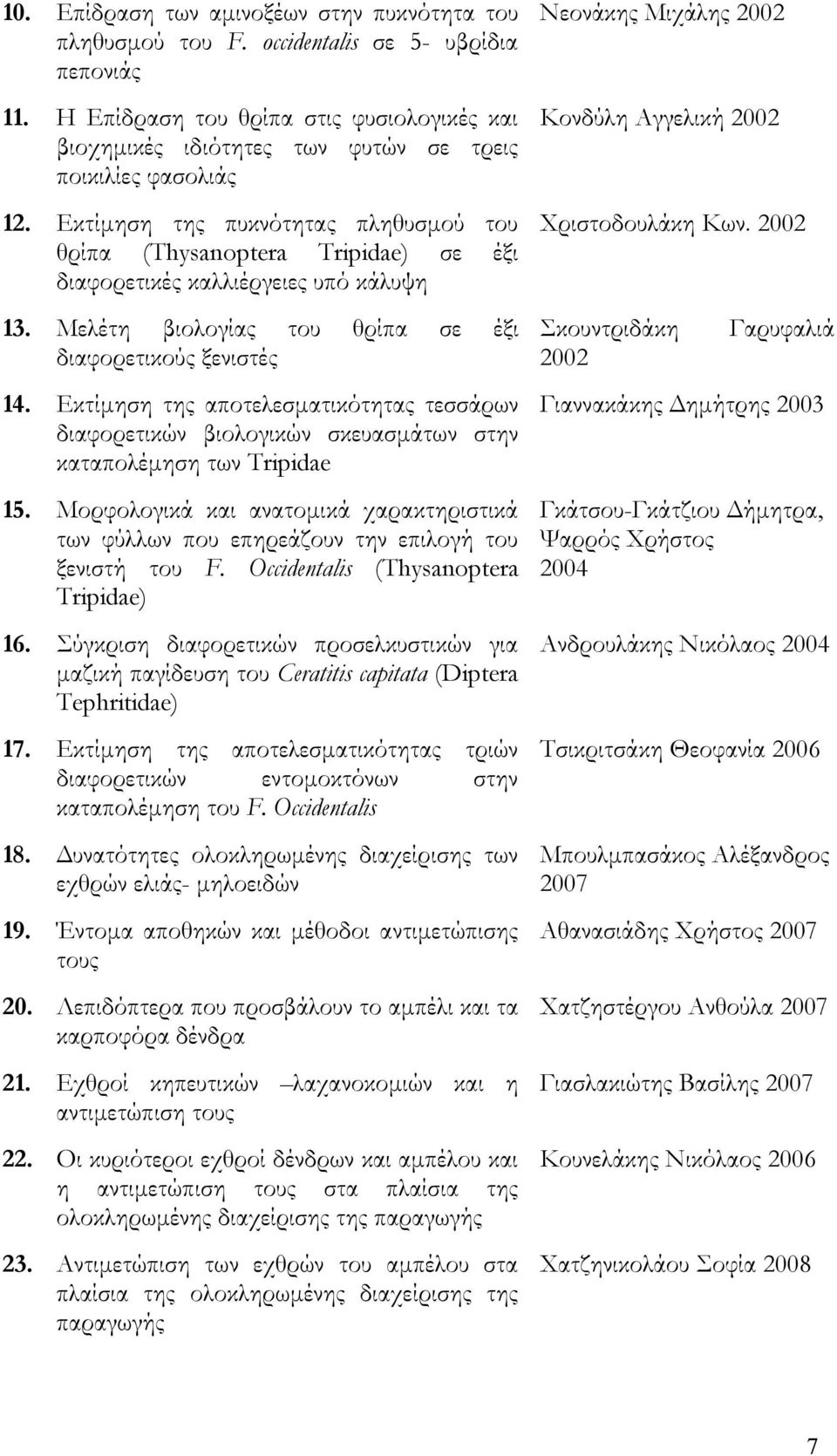 Εκτίμηση της πυκνότητας πληθυσμού του θρίπα (Thysanoptera Tripidae) σε έξι διαφορετικές καλλιέργειες υπό κάλυψη 13. Μελέτη βιολογίας του θρίπα σε έξι διαφορετικούς ξενιστές 14.