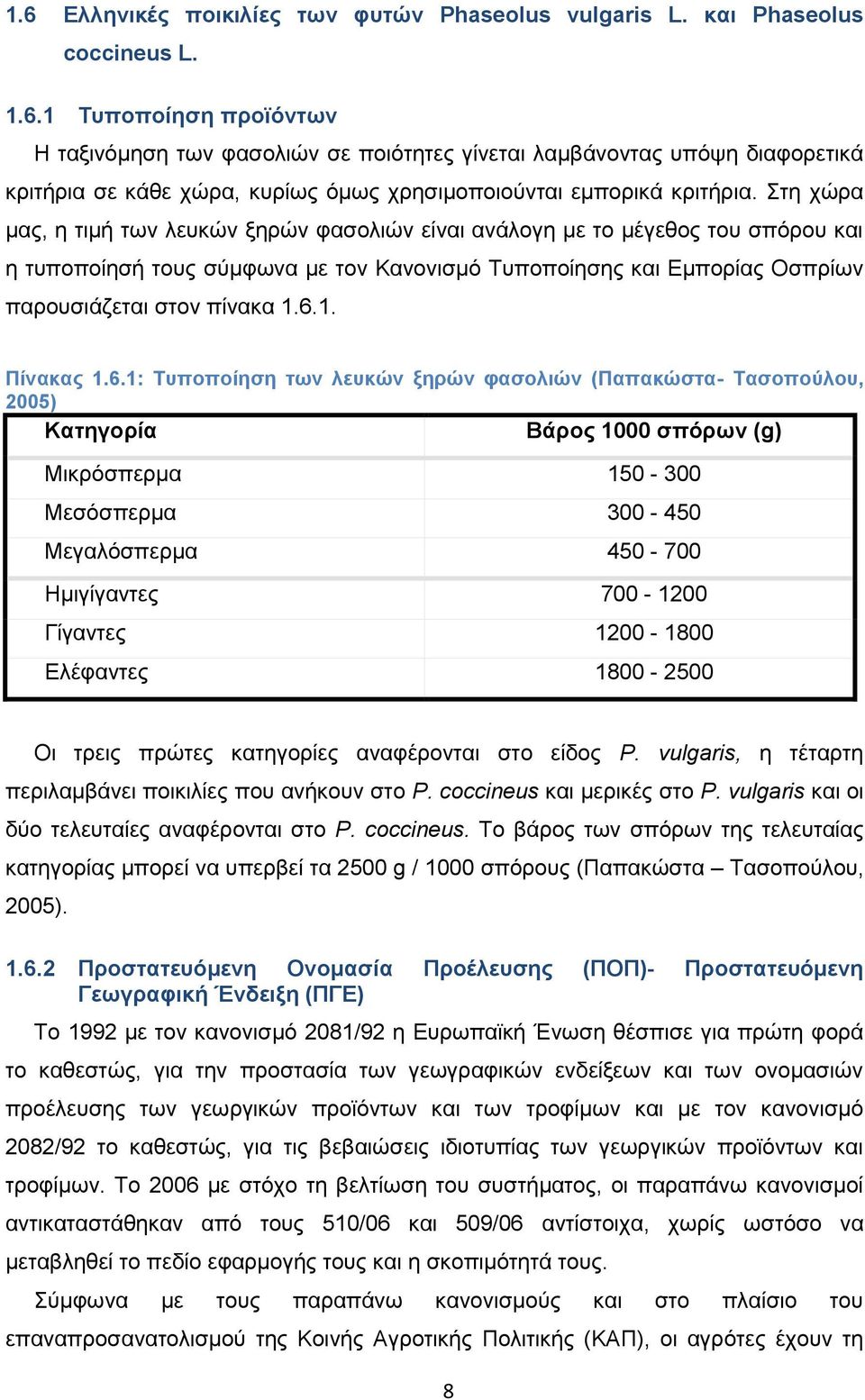 6.1. Πίνακας 1.6.1: Τυποποίηση των λευκών ξηρών φασολιών (Παπακώστα- Τασοπούλου, 2005) Κατηγορία Βάρος 1000 σπόρων (g) Μικρόσπερμα 150-300 Μεσόσπερμα 300-450 Μεγαλόσπερμα 450-700 Ημιγίγαντες 700-1200