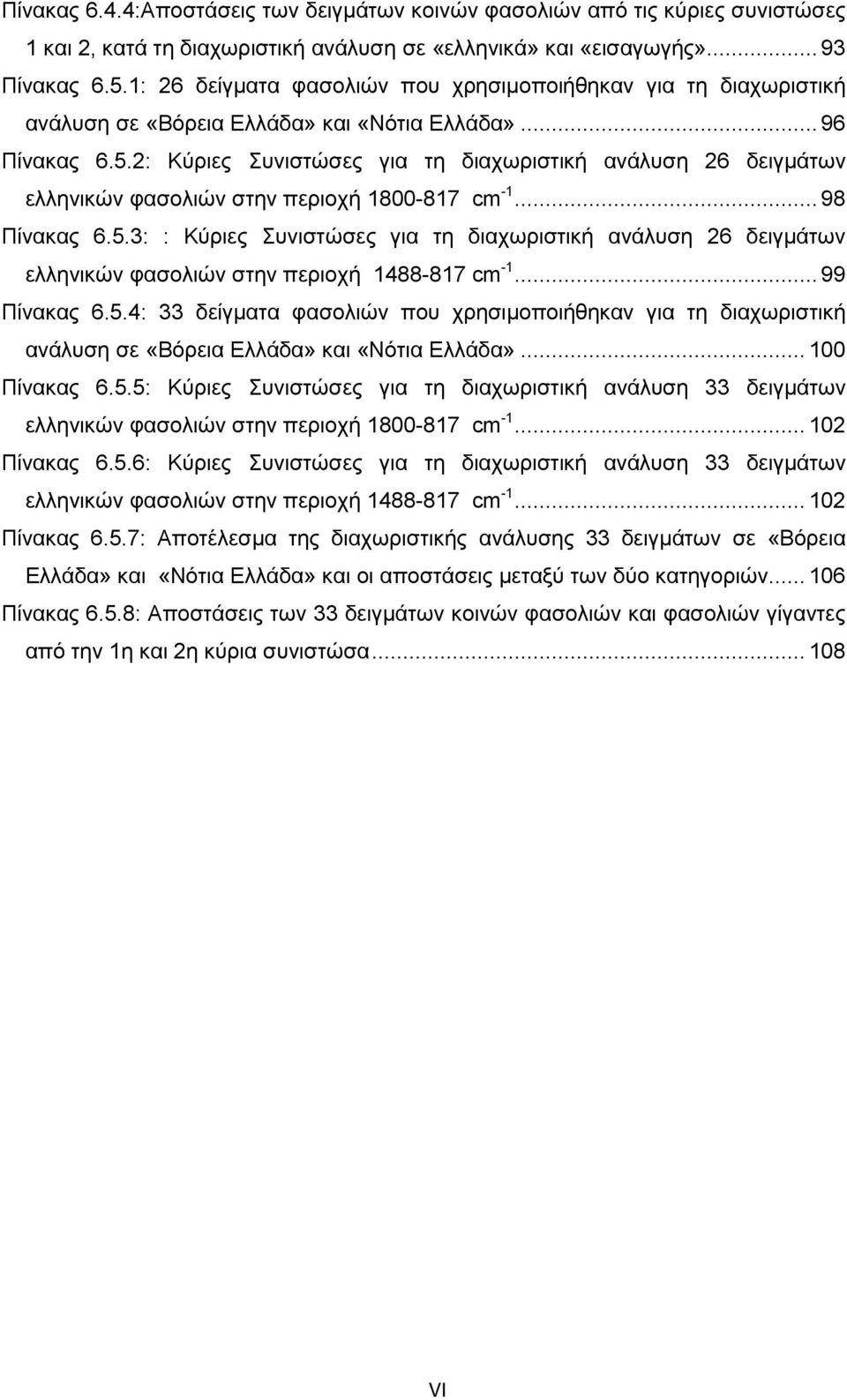 2: Κύριες Συνιστώσες για τη διαχωριστική ανάλυση 26 δειγμάτων ελληνικών φασολιών στην περιοχή 1800-817 cm -1... 98 Πίνακας 6.5.
