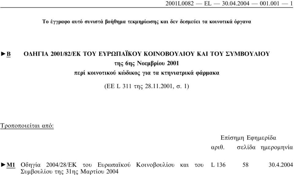 ΕΥΡΩΠΑΪΚΟΥ ΚΟΙΝΟΒΟΥΛΙΟΥ ΚΑΙ ΤΟΥ ΣΥΜΒΟΥΛΙΟΥ της 6ης Νοεµβρίου 2001 περί κοινοτικού κώδικος για τα κτηνιατρικά