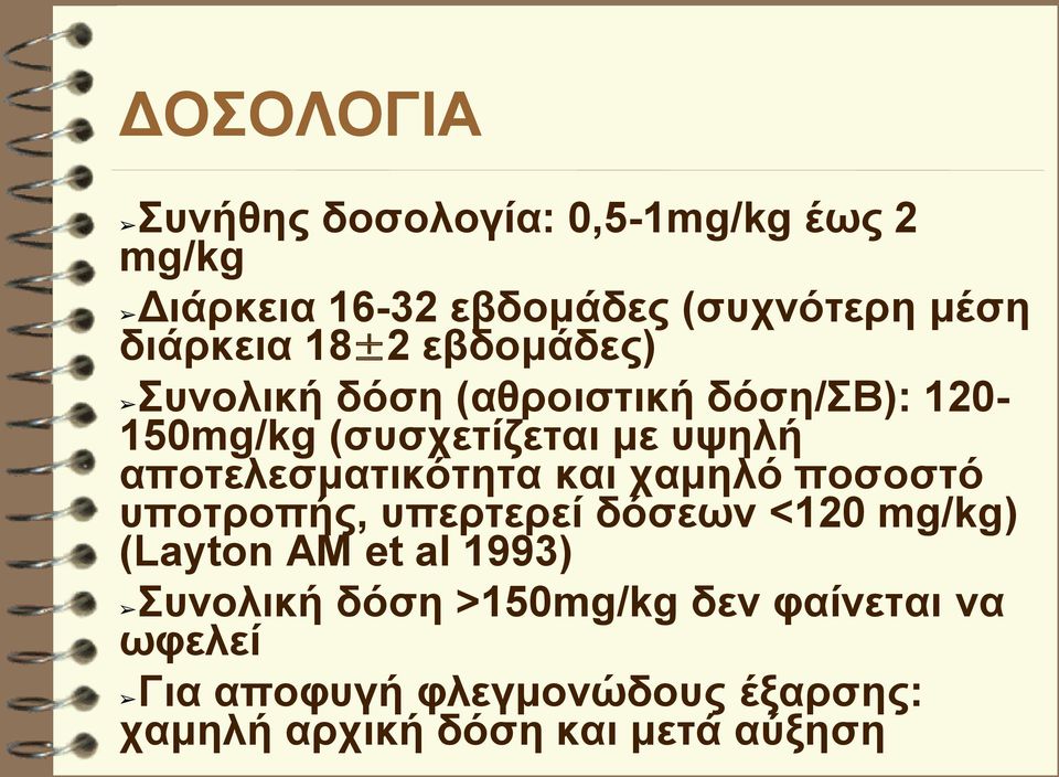 αποτελεσματικότητα και χαμηλό ποσοστό υποτροπής, υπερτερεί δόσεων <120 mg/kg) (Layton AM et al 1993)