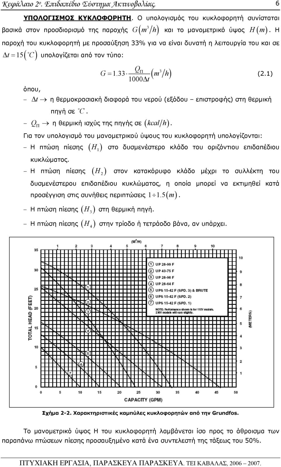 1) όπου, Δt η θερμοκρασιακή διαφορά του νερού (εξόδου επιστροφής) στη θερμική πηγή σε C. Q Π η θερμική ισχύς της πηγής σε ( kcal h ).