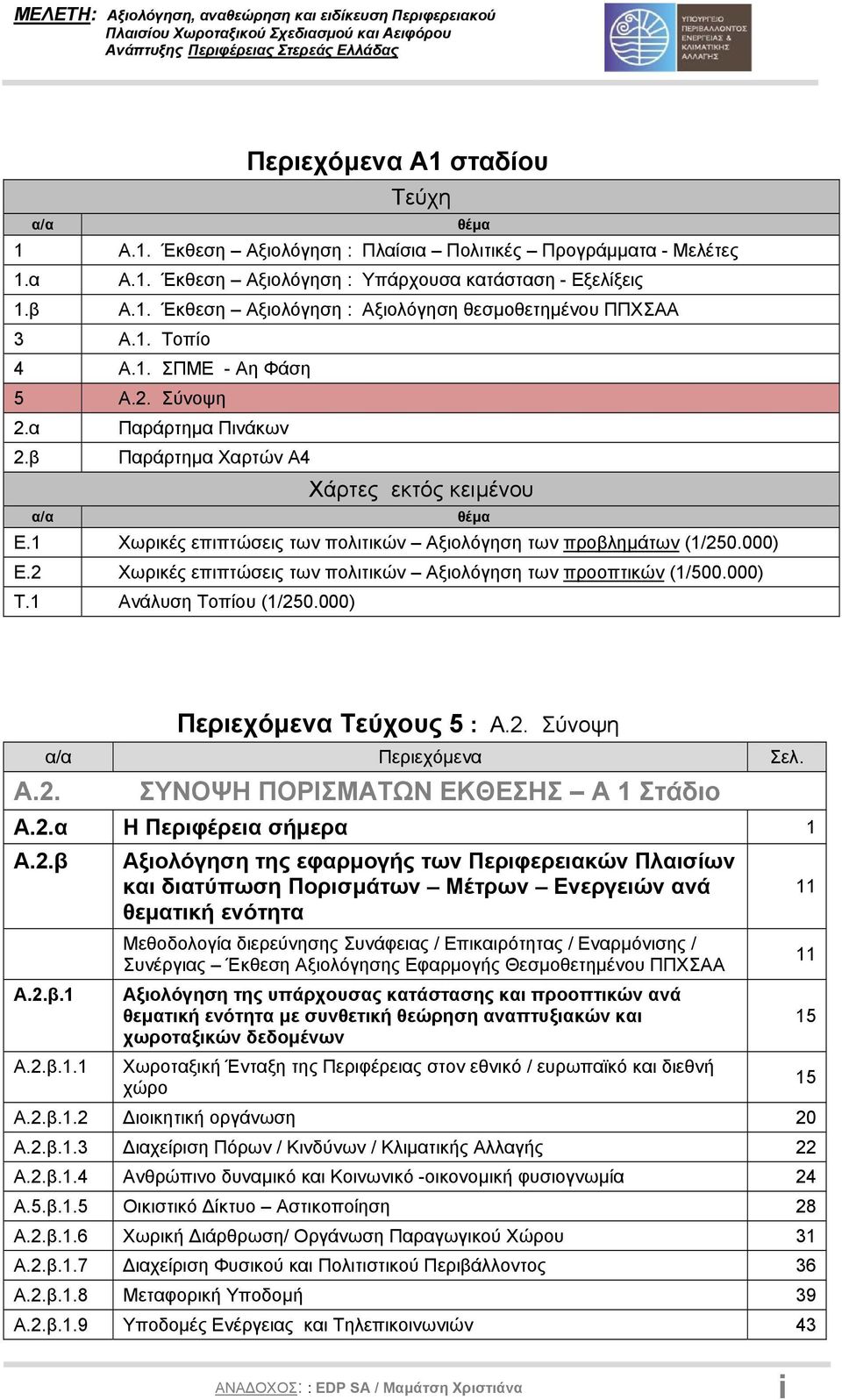 2 Χωρικές επιπτώσεις των πολιτικών Αξιολόγηση των προοπτικών (1/500.000) Τ.1 Ανάλυση Τοπίου (1/250.000) Α.2. Περιεχόµενα Τεύχους 5 : Α.2. Σύνοψη α/α Περιεχόµενα Σελ.