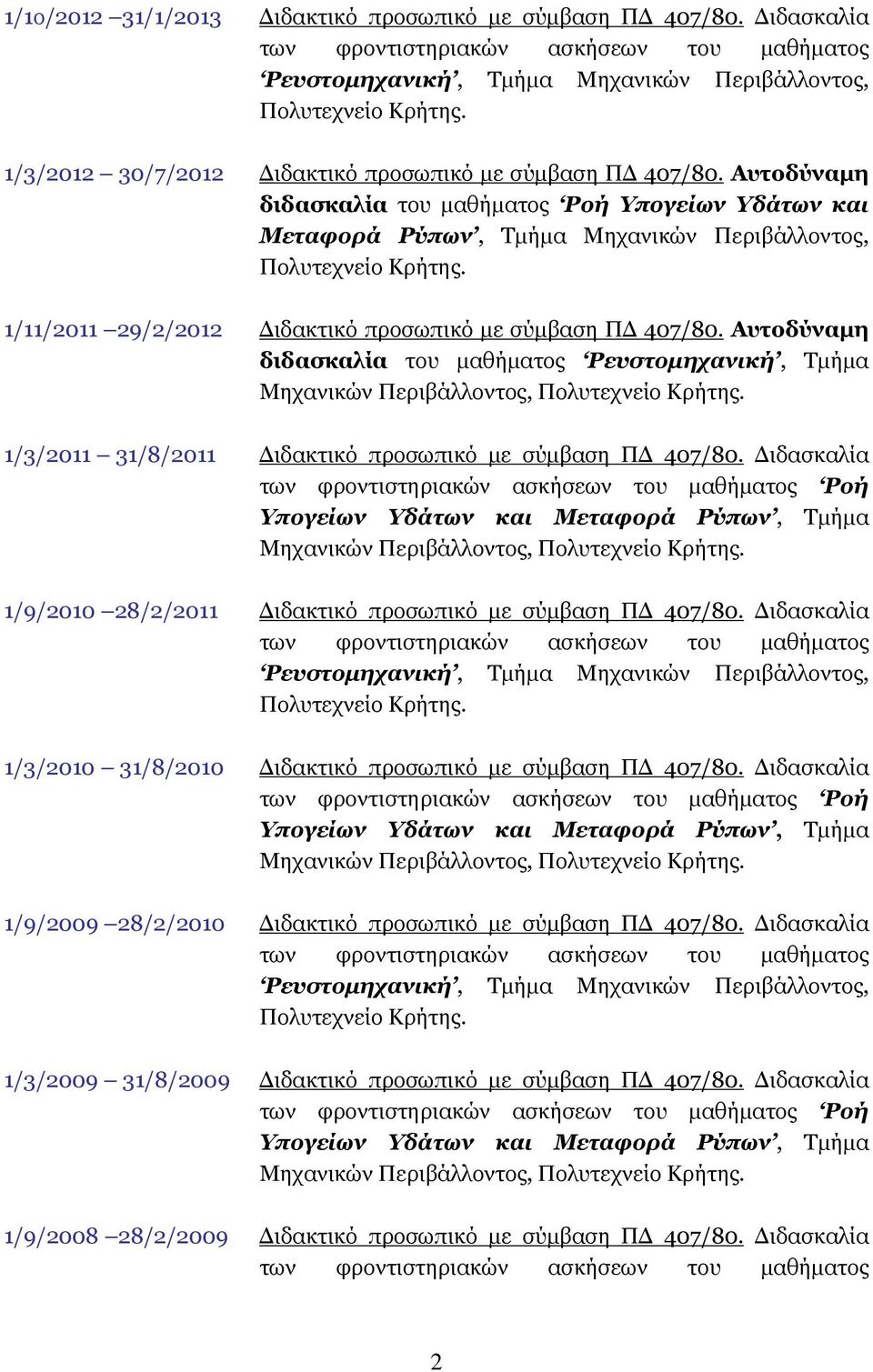 Αυτοδύναμη διδασκαλία του μαθήματος Ροή Υπογείων Υδάτων και Μεταφορά Ρύπων, Τμήμα Μηχανικών Περιβάλλοντος, 1/11/2011 29/2/2012 Διδακτικό προσωπικό με σύμβαση ΠΔ 407/80.