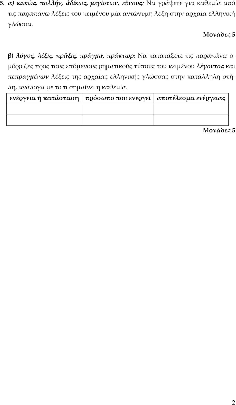 β) λόγος, λέξις, πρᾶξις, πρᾶγμα, πράκτωρ: Να κατατάξετε τις παραπάνω ο- μόρριζες προς τους επόμενους ρηματικούς