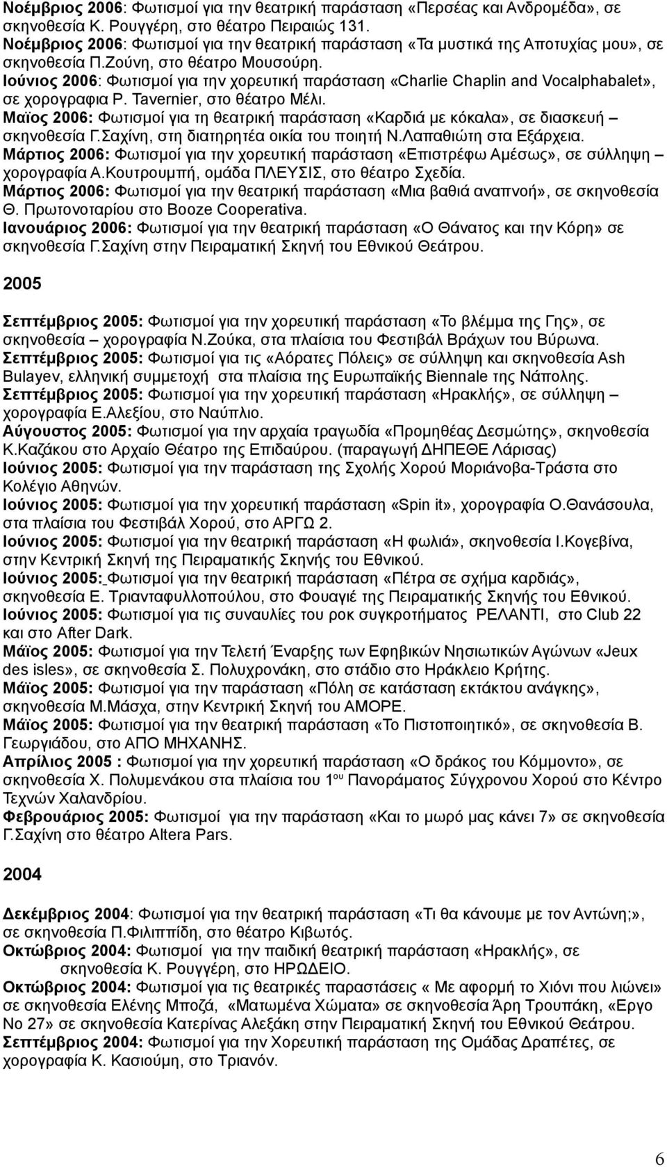 Ιούνιος 2006: Φωτισμοί για την χορευτική παράσταση «Charlie Chaplin and Vocalphabalet», σε χορογραφια P. Tavernier, στο θέατρο Μέλι.