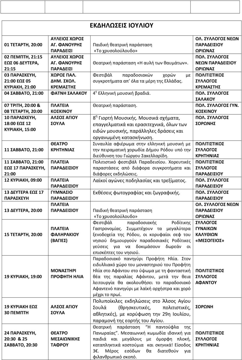 συγκροτήματα απ όλα τα μέρη της Ελλάδας. 04 ΣΑΒΒΑΤΟ, 21:00 ΦΑΤΝΗ 4 η Ελληνική μουσική βραδιά. ΠΟΛ. 07 ΤΡΙΤΗ, 20:00 & Θεατρική παράσταση. ΠΟΛ. ΓΥΝ.