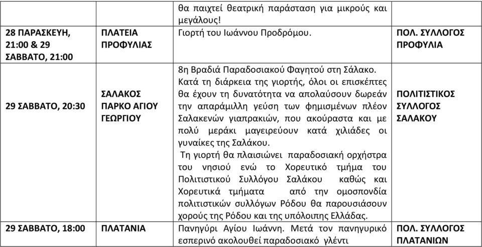 Κατά τη διάρκεια της γιορτής, όλοι οι επισκέπτες θα έχουν τη δυνατότητα να απολαύσουν δωρεάν την απαράμιλλη γεύση των φημισμένων πλέον Σαλακενών γιαπρακιών, που ακούραστα και με πολύ μεράκι