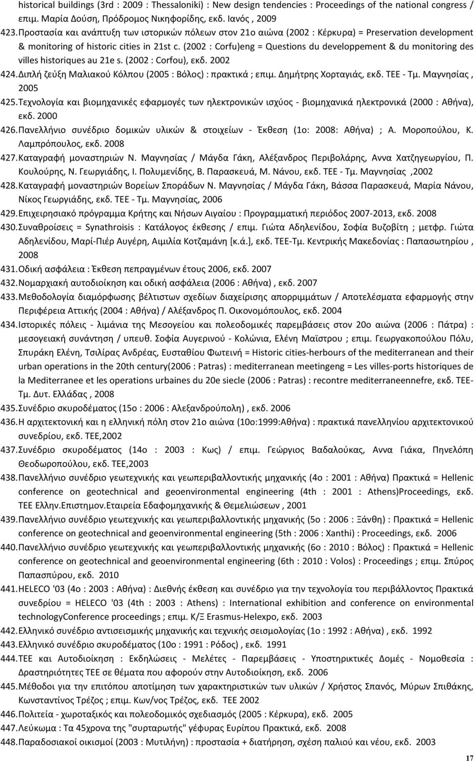 (2002 : Corfu)eng = Questions du developpement & du monitoring des villes historiques au 21e s. (2002 : Corfou), εκδ. 2002 424. Διπλή ζεύξη Μαλιακού Κόλπου (2005 : Βόλος) : πρακτικά ; επιμ.