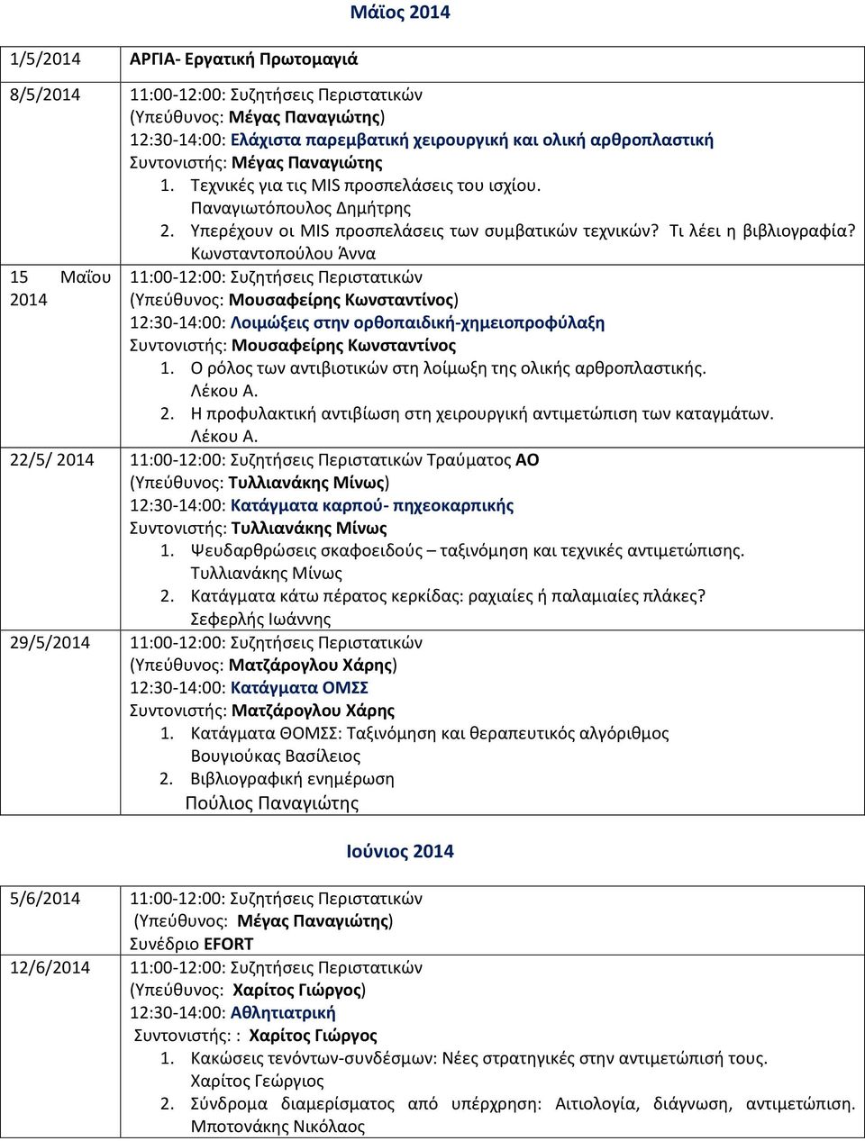Κωνσταντοπούλου Άννα 15 Μαΐου 2014 11:00-12:00: Συζητήσεις Περιστατικών (Υπεύθυνος: Μουσαφείρης Κωνσταντίνος) 12:30-14:00: Λοιμώξεις στην ορθοπαιδική-χημειοπροφύλαξη Συντονιστής: Μουσαφείρης