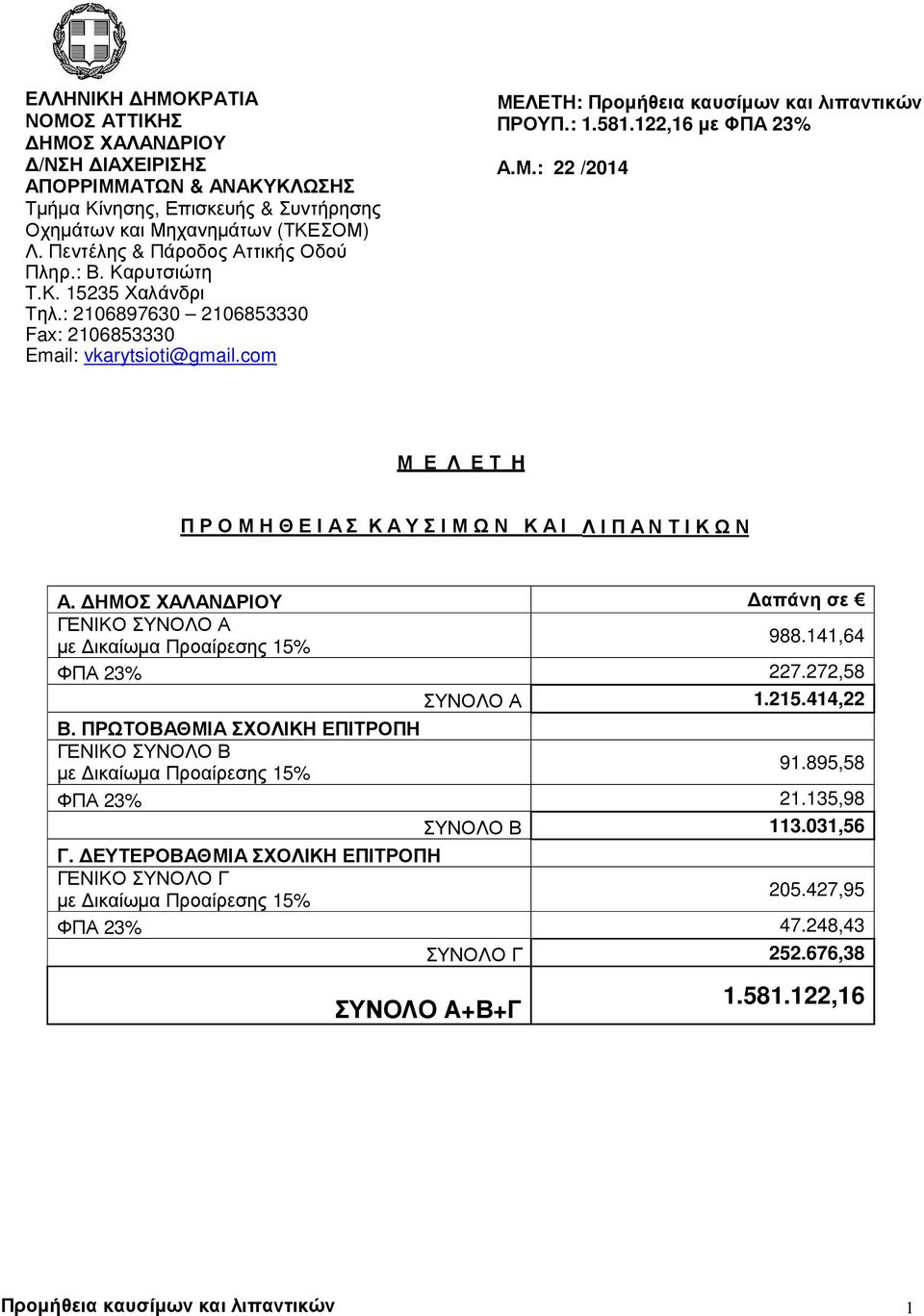 ΛΕΤΗ: ΠΡΟΥΠ.: 1.581.122,16 µε ΦΠΑ 23% Α.Μ.: 22 /2014 Μ Ε Λ Ε Τ H Π Ρ Ο Μ Η Θ Ε Ι Α Σ Κ Α Υ Σ Ι Μ Ω Ν Κ Α Ι Λ Ι Π Α Ν Τ Ι Κ Ω Ν Α.