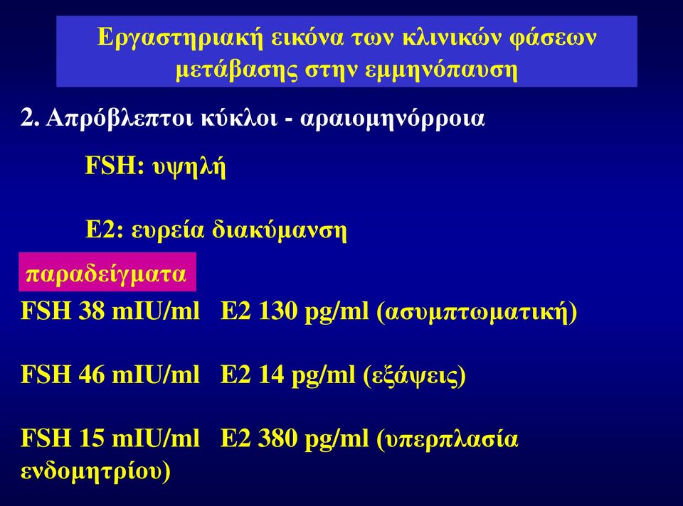 παραδείγματα FSH 38 miu/ml E2 130 pg/ml (ασυμπτωματική) FSH 46 miu/ml