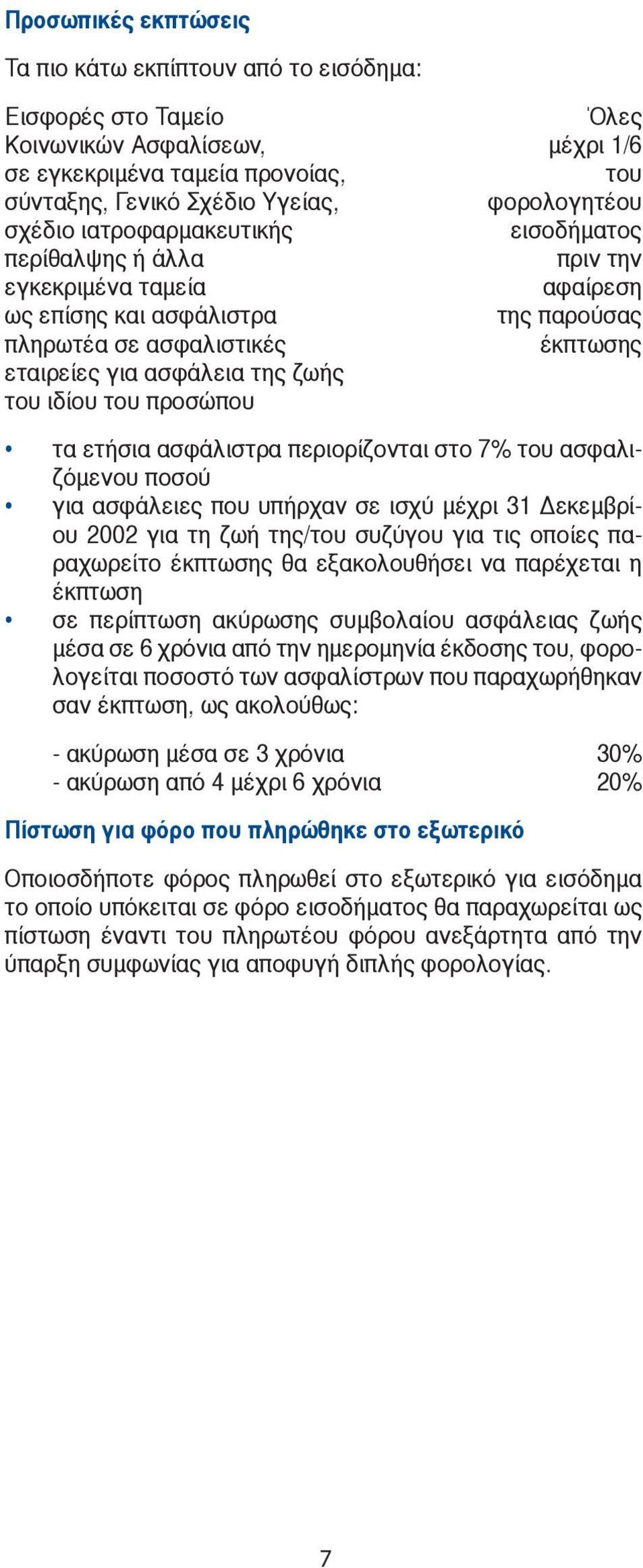 του ιδίου του προσώπου τα ετήσια ασφάλιστρα περιορίζονται στο 7% του ασφαλιζόμενου ποσού για ασφάλειες που υπήρχαν σε ισχύ μέχρι 31 Δεκεμβρίου 2002 για τη ζωή της/του συζύγου για τις οποίες