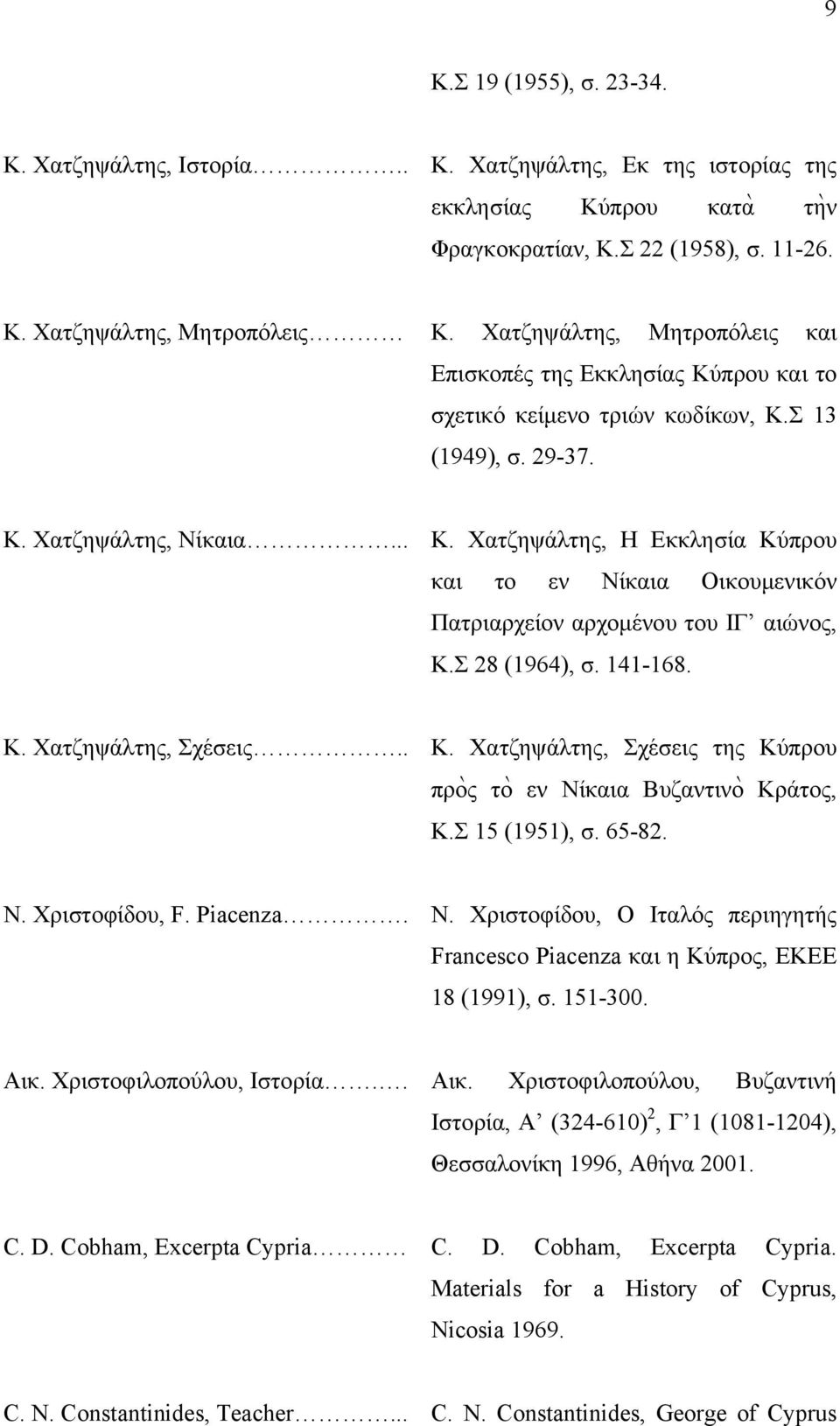 Σ 28 (1964), σ. 141-168. Κ. Χατζηψάλτης, Σχέσεις.. Κ. Χατζηψάλτης, Σχέσεις της Κύπρου προ\ς το\ εν Νίκαια Βυζαντινο\ Κράτος, Κ.Σ 15 (1951), σ. 65-82. Ν. Χριστοφίδου, F. Piacenza. Ν. Χριστοφίδου, Ο Ιταλός περιηγητής Francesco Piacenza και η Κύπρος, ΕΚΕΕ 18 (1991), σ.