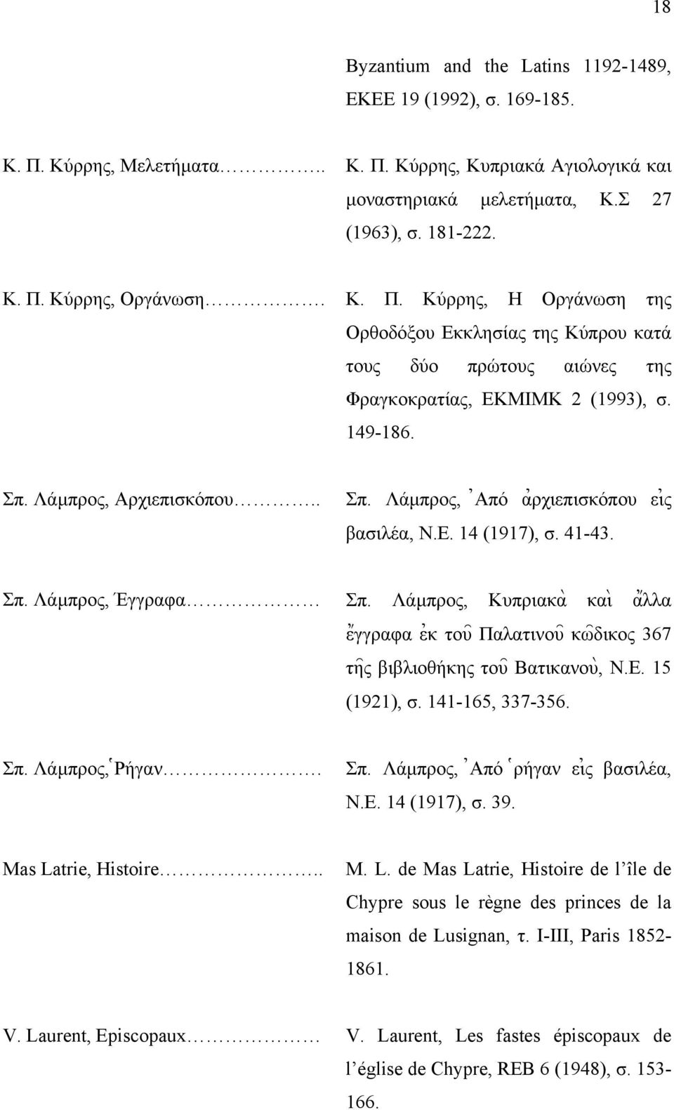Ε. 14 (1917), σ. 41-43. Σπ. Λάµπρος, Έγγραφα Σπ. Λάµπρος, Κυπριακα\ και\ α1λλα ε1γγραφα ε0κ του= Παλατινου= κω=δικος 367 τη=ς βιβλιοθήκης του= Βατικανου\, Ν.Ε. 15 (1921), σ. 141-165, 337-356. Σπ. Λάµπρος, 9Ρήγαν.