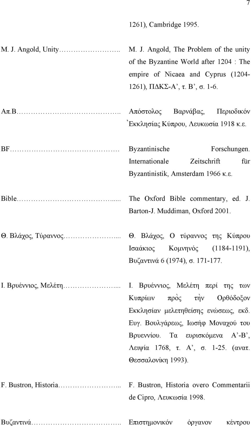 .. The Oxford Bible commentary, ed. J. Barton-J. Muddiman, Oxford 2001. Θ. Βλάχος, Τύραννος... Θ. Βλάχος, Ο τύραννος της Κύπρου Ισαάκιος Κοµνηνός (1184-1191), Βυζαντινά 6 (1974), σ. 171-177. Ι. Βρυέννιος, Μελέτη.