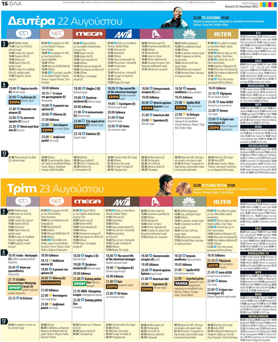 00 Η ζωή του Αττίκ (Ε), ελληνική σειρά 12.00 Γυναίκες (Ε), εκπομπή 14.00 Ουράνιο τόξο (Ε) 15.00 Disney hour 16.00 Ααρον Στόουν (Ε), εφηβική σειρά 16.