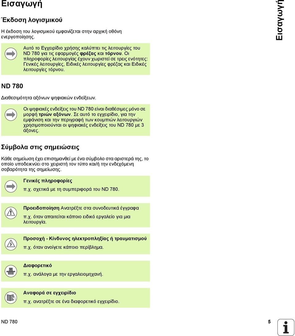 Οι πληροφορίες λειτουργίας έχουν χωριστεί σε τρεις ενότητες: Γενικές λειτουργίες, Ειδικές λειτουργίες φρέζας και Ειδικές λειτουργίες τόρνου. ND 780 ιαθεσιμότητα αξόνων ψηφιακών ενδείξεων.