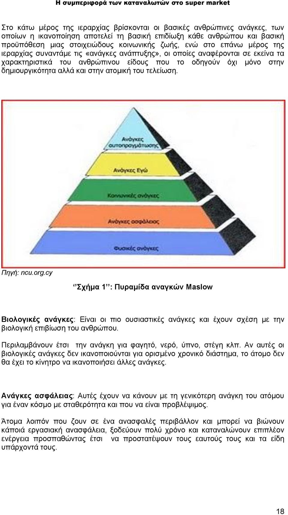 ατομική του τελείωση. Πηγή: ncu.org.cy Σχήμα 1 : Πυραμίδα αναγκών Maslow Βιολογικές ανάγκες: Είναι οι πιο ουσιαστικές ανάγκες και έχουν σχέση με την βιολογική επιβίωση του ανθρώπου.