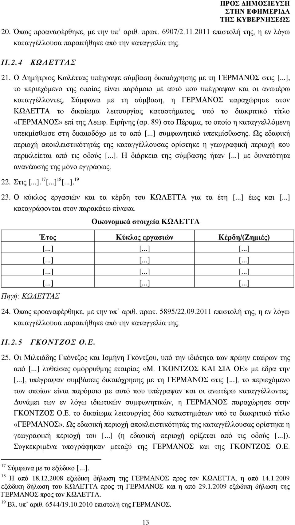 Σύμφωνα με τη σύμβαση, η ΓΕΡΜΑΝΟΣ παραχώρησε στον ΚΩΛΕΤΤΑ το δικαίωμα λειτουργίας καταστήματος, υπό το διακριτικό τίτλο «ΓΕΡΜΑΝΟΣ» επί της Λεωφ. Ειρήνης (αρ.