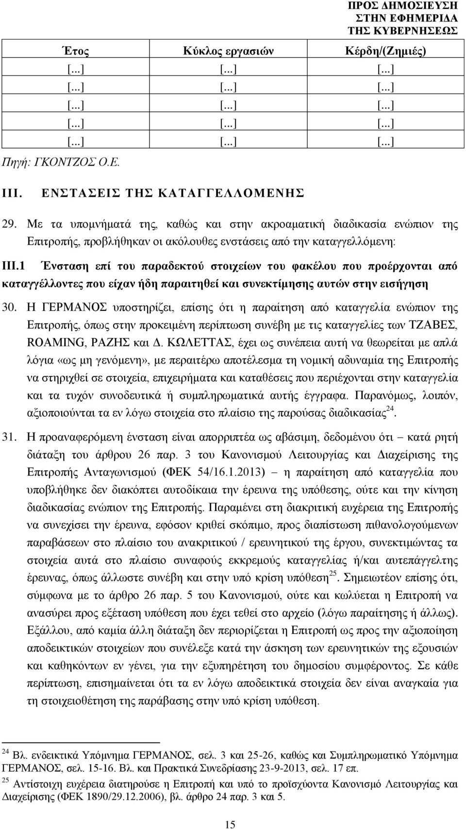 1 Ένσταση επί του παραδεκτού στοιχείων του φακέλου που προέρχονται από καταγγέλλοντες που είχαν ήδη παραιτηθεί και συνεκτίμησης αυτών στην εισήγηση 30.