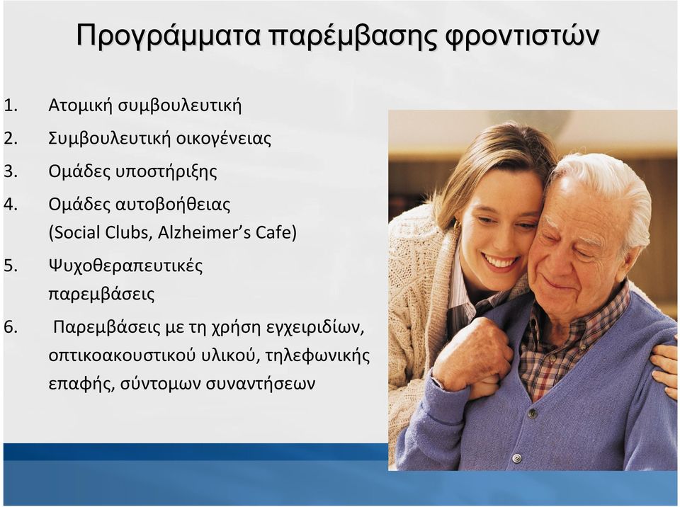 Ομάδες αυτοβοήθειας (Social Clubs, Alzheimer s Cafe) 5.