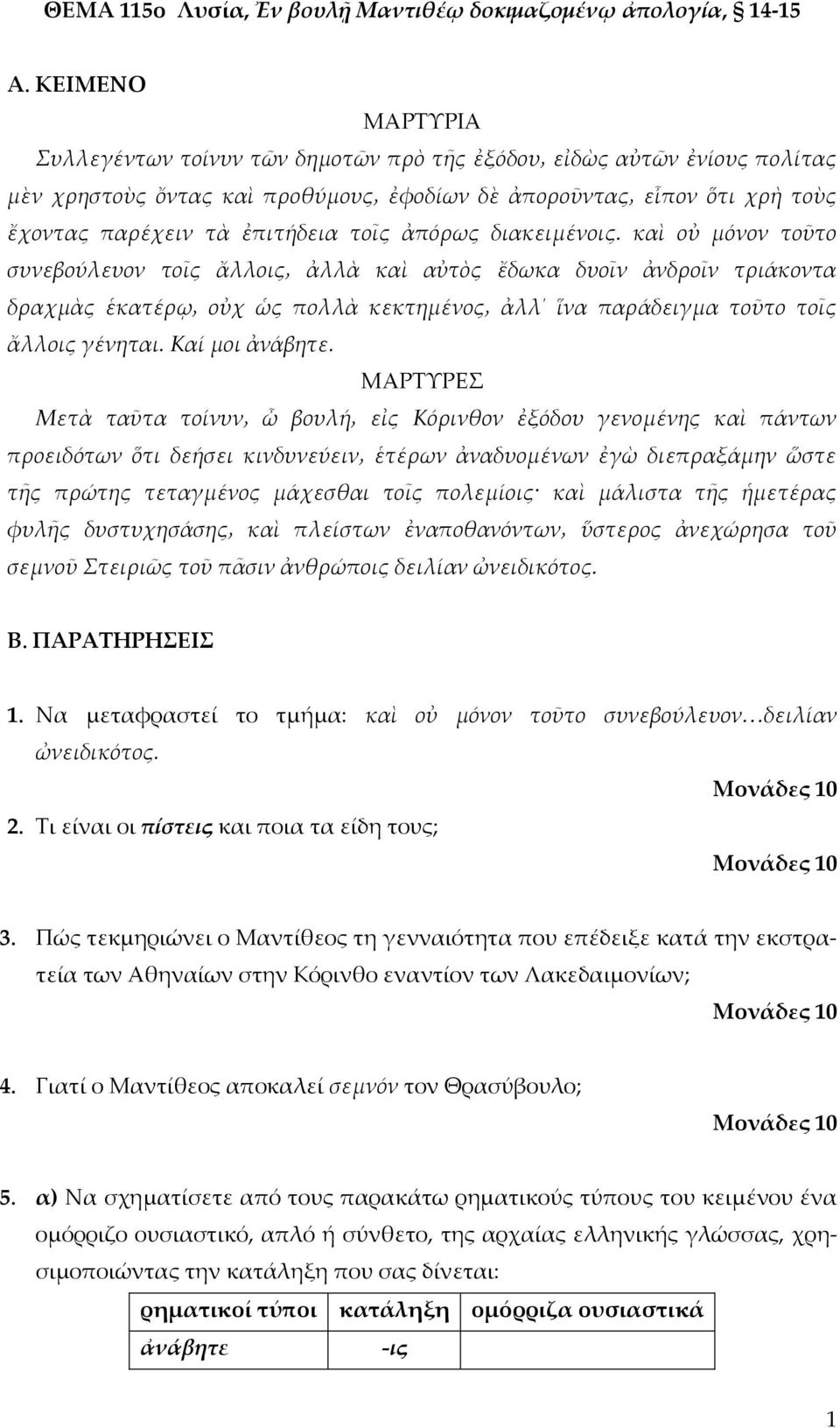 ΜΑΡΣΤΡΕ προειδότων ὅτι δεήσει κινδυνεύειν ἑτέρων ἀναδυομένων ἐγὼ διεπραξάμην ὥστε τῆς πρώτης τεταγμένος μάχεσθαι τοῖς πολεμίοις καὶ μάλιστα τῆς ἡμετέρας φυλῆς δυστυχησάσης καὶ πλείστων ἐναποθανόντων