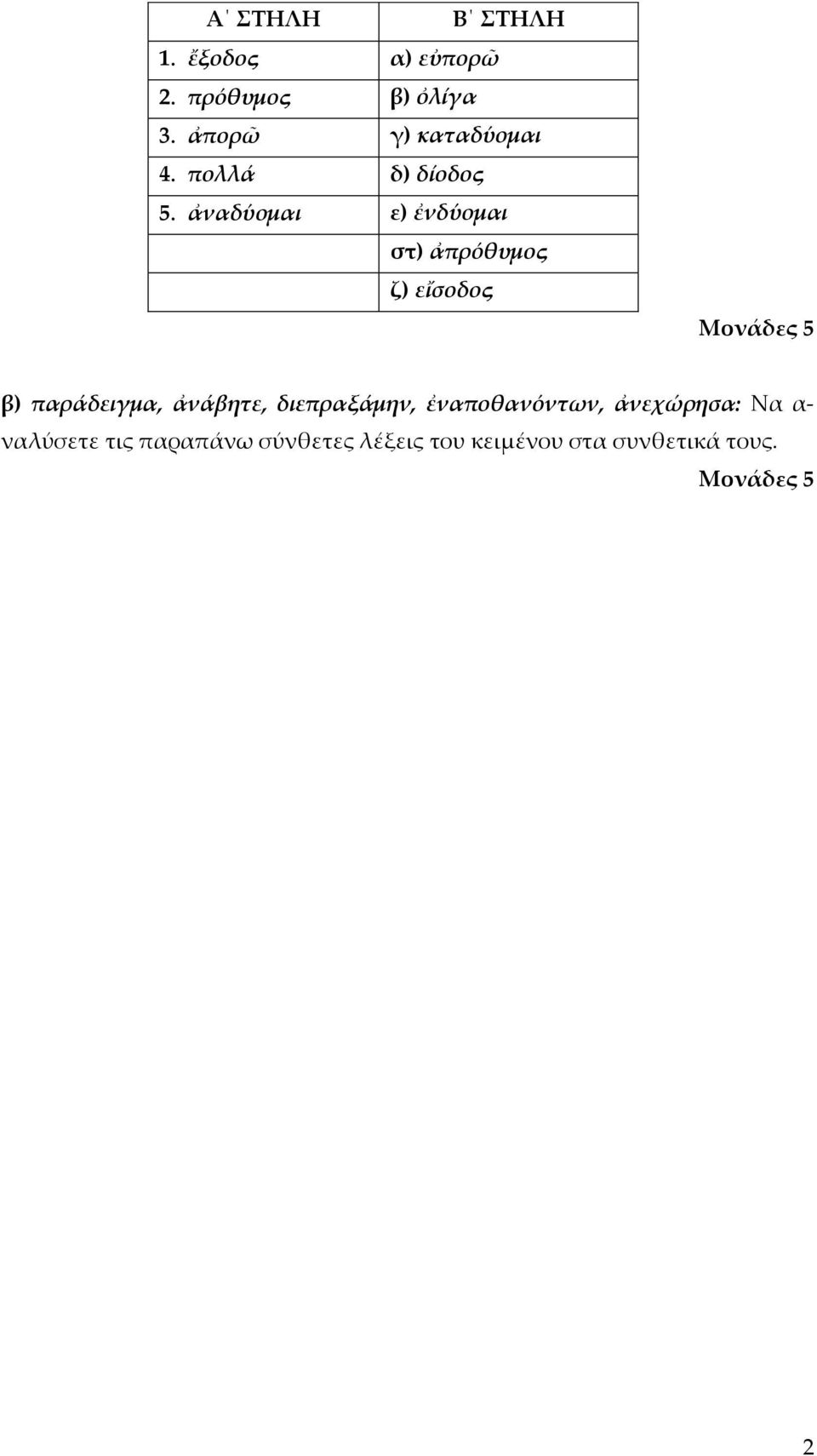 ἀναδύομαι ε) ἐνδύομαι στ) ἀπρόθυμος ζ) εἴσοδος β) παράδειγμα, ἀνάβητε,