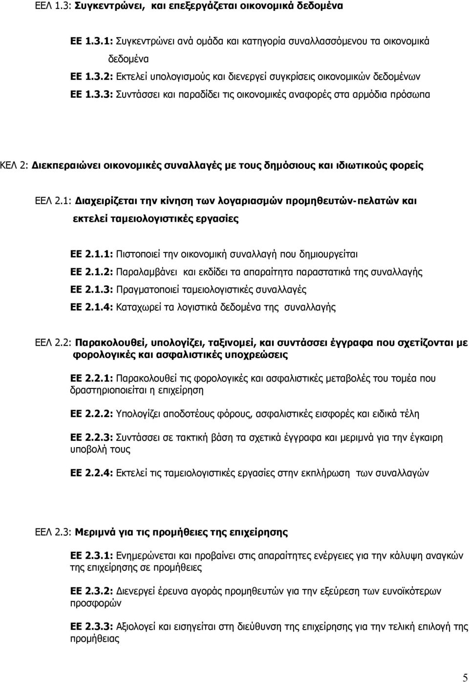 1: Διαχειρίζεται την κίνηση των λογαριασμών προμηθευτών-πελατών και εκτελεί ταμειολογιστικές εργασίες ΕΕ 2.1.1: Πιστοποιεί την οικονομική συναλλαγή που δημιουργείται ΕΕ 2.1.2: Παραλαμβάνει και εκδίδει τα απαραίτητα παραστατικά της συναλλαγής ΕΕ 2.