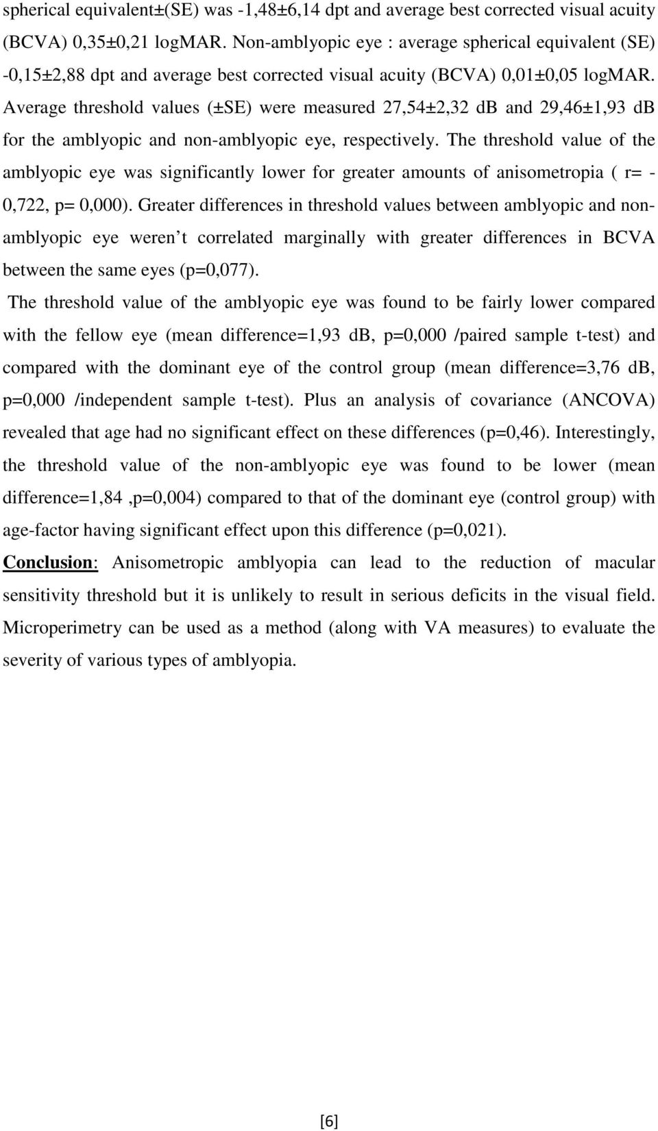 Average threshold values (±SE) were measured 27,54±2,32 db and 29,46±1,93 db for the amblyopic and non-amblyopic eye, respectively.