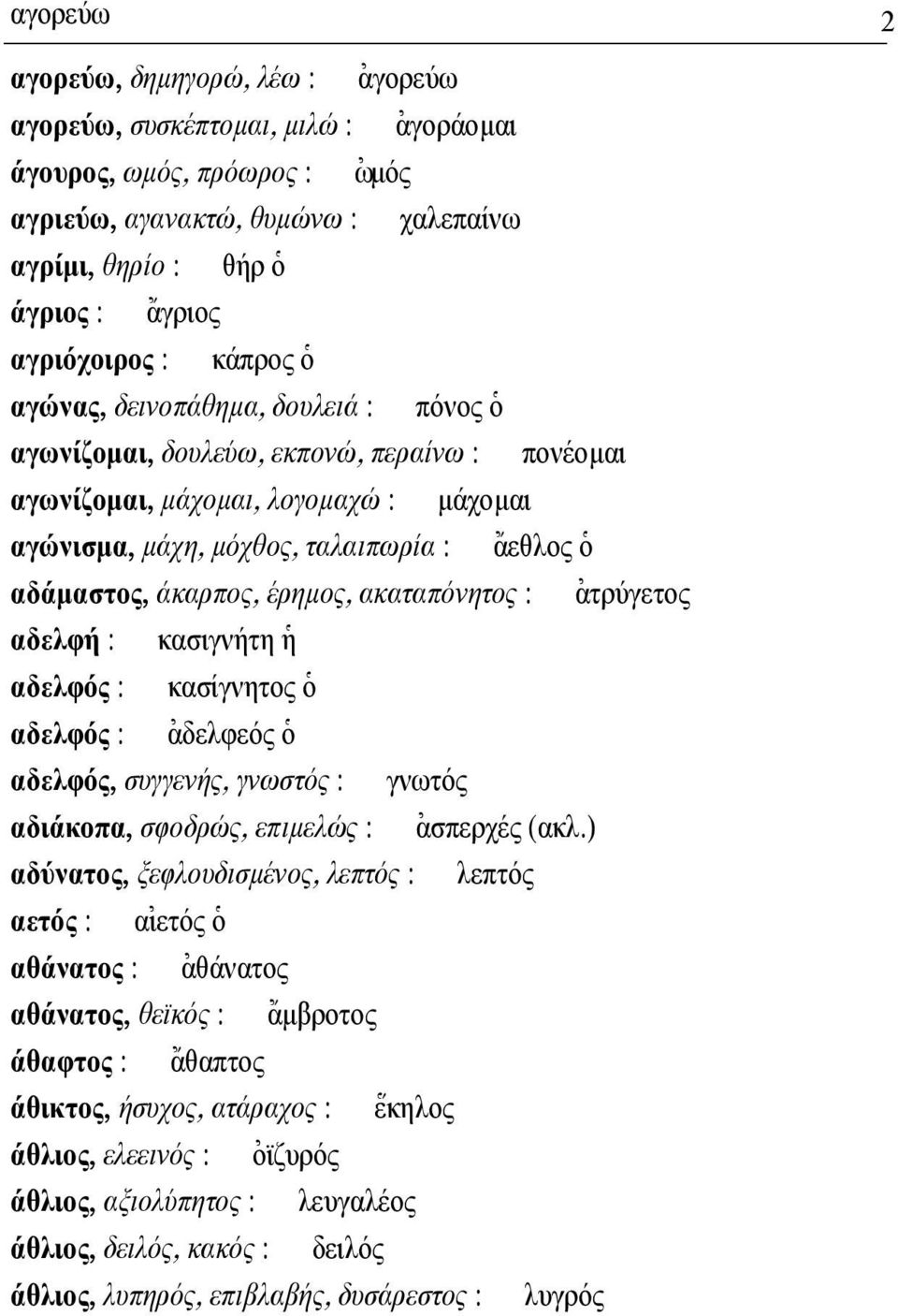 αδάµαστος, άκαρπος, έρηµος, ακαταπόνητος : [ατρύγετος αδελφή : κασιγνήτη ]η αδελφός : κασίγνητος ]ο αδελφός : [αδελφεός ]ο αδελφός, συγγενής, γνωστός : γνωτός αδιάκοπα, σφοδρώς, επιµελώς : [ασπερχές