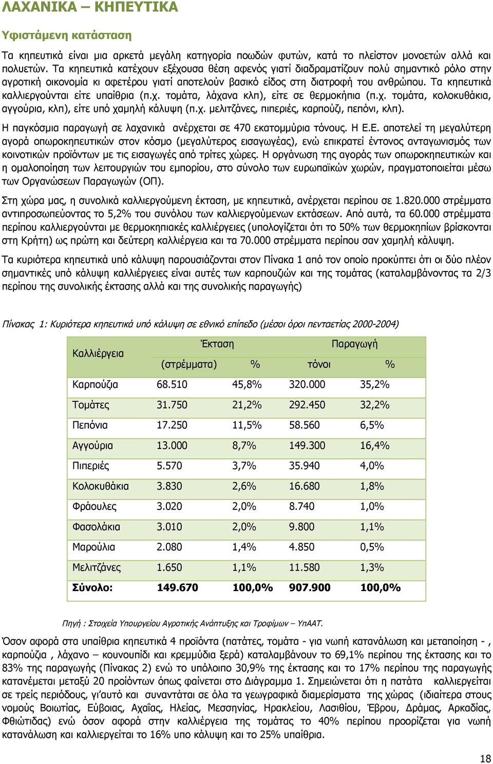 Τα κηπευτικά καλλιεργούνται είτε υπαίθρια (π.χ. τομάτα, λάχανα κλπ), είτε σε θερμοκήπια (π.χ. τομάτα, κολοκυθάκια, αγγούρια, κλπ), είτε υπό χαμηλή κάλυψη (π.χ. μελιτζάνες, πιπεριές, καρπούζι, πεπόνι, κλπ).