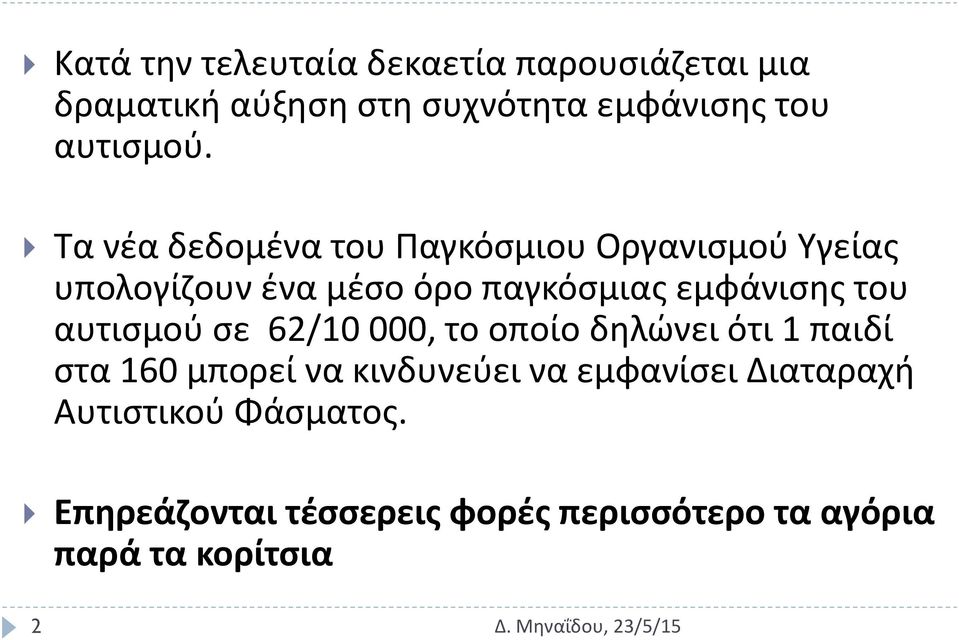 Τα νέα δεδομένα του Παγκόσμιου Οργανισμού Υγείας υπολογίζουν ένα μέσο όρο παγκόσμιας εμφάνισης του