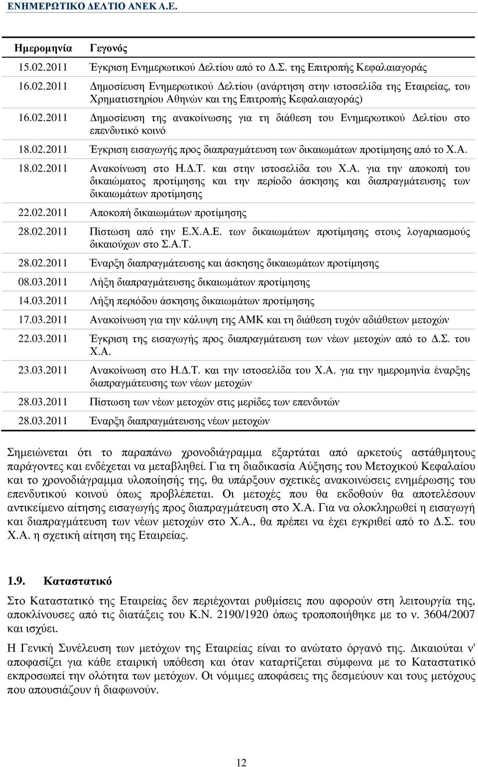 .Τ. και στην ιστοσελίδα του Χ.Α. για την αποκοπή του δικαιώµατος προτίµησης και την περίοδο άσκησης και διαπραγµάτευσης των δικαιωµάτων προτίµησης 22.02.2011 Αποκοπή δικαιωµάτων προτίµησης 28.02.2011 Πίστωση από την Ε.