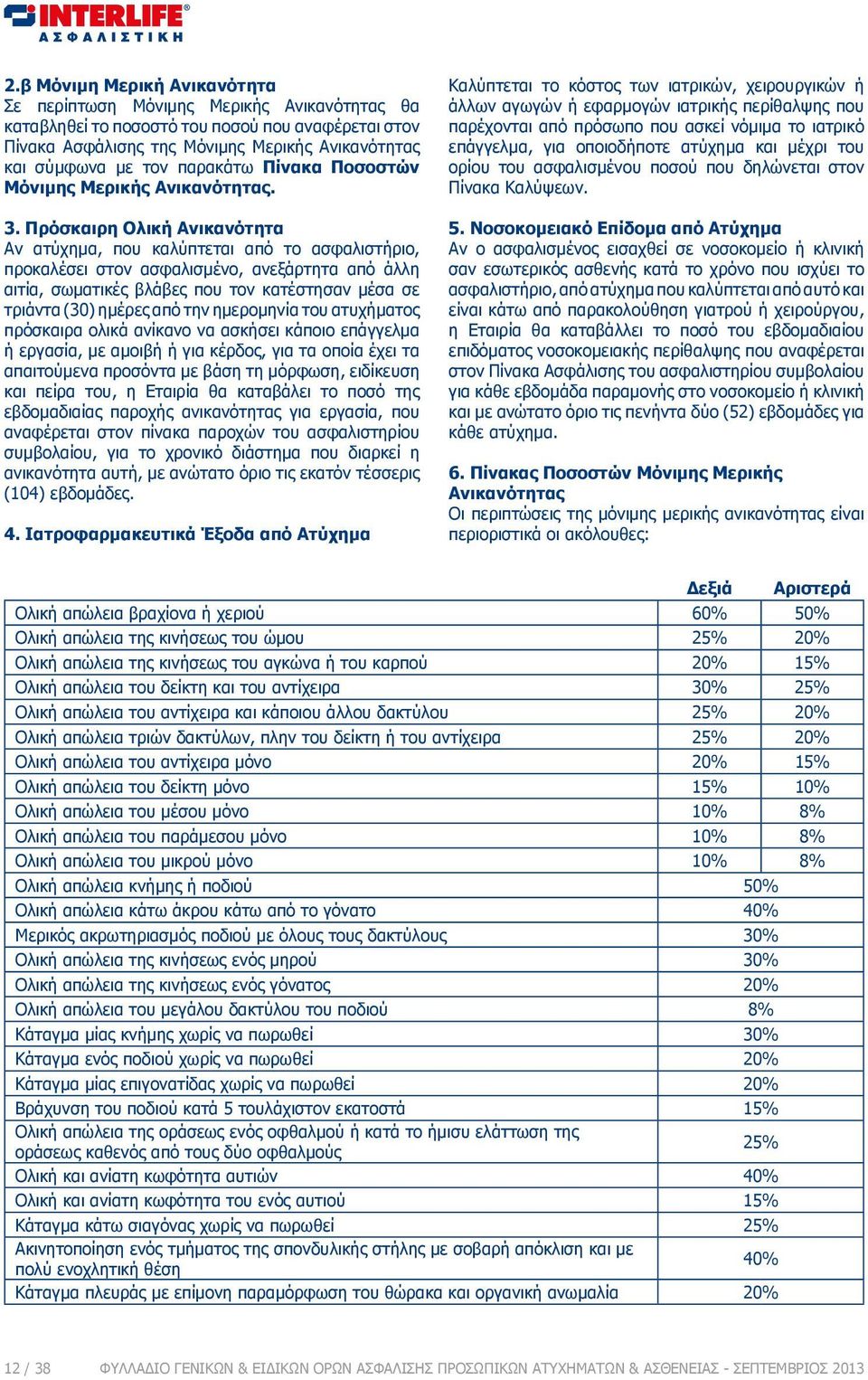 Πρόσκαιρη Ολική Ανικανότητα Αν ατύχημα, που καλύπτεται από το ασφαλιστήριο, προκαλέσει στον ασφαλισμένο, ανεξάρτητα από άλλη αιτία, σωματικές βλάβες που τον κατέστησαν μέσα σε τριάντα (30) ημέρες από