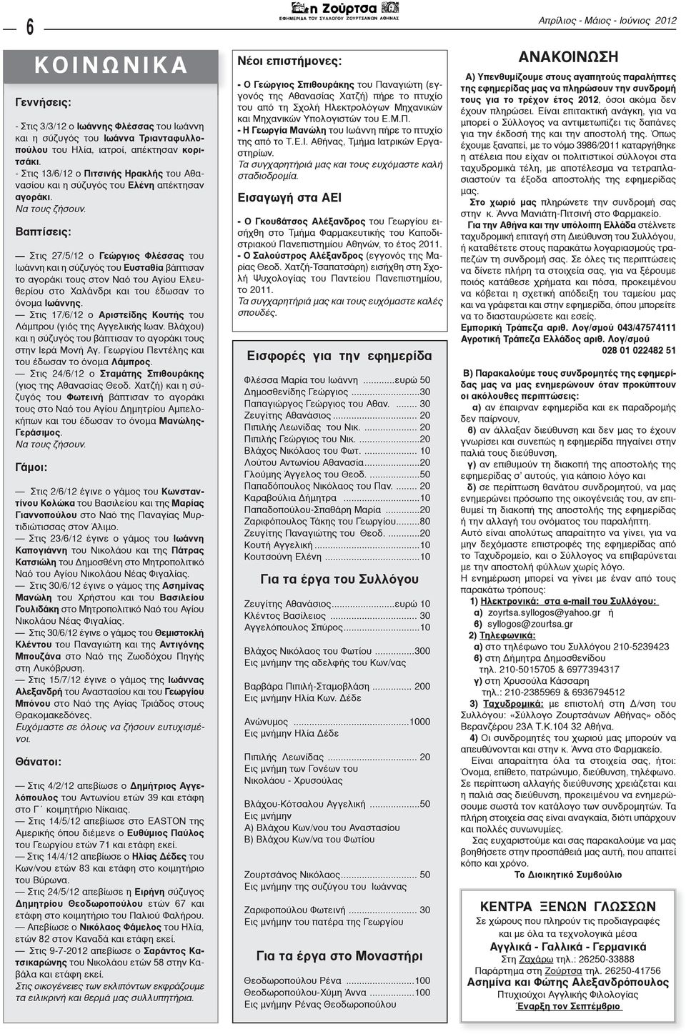 Βαπτίσεις: Στις 27/5/12 ο Γεώργιος Φλέσσας του Ιωάννη και η σύζυγός του Ευσταθία βάπτισαν το αγοράκι τους στον Ναό του Αγίου Ελευθερίου στο Χαλάνδρι και του έδωσαν το όνομα Ιωάννης.