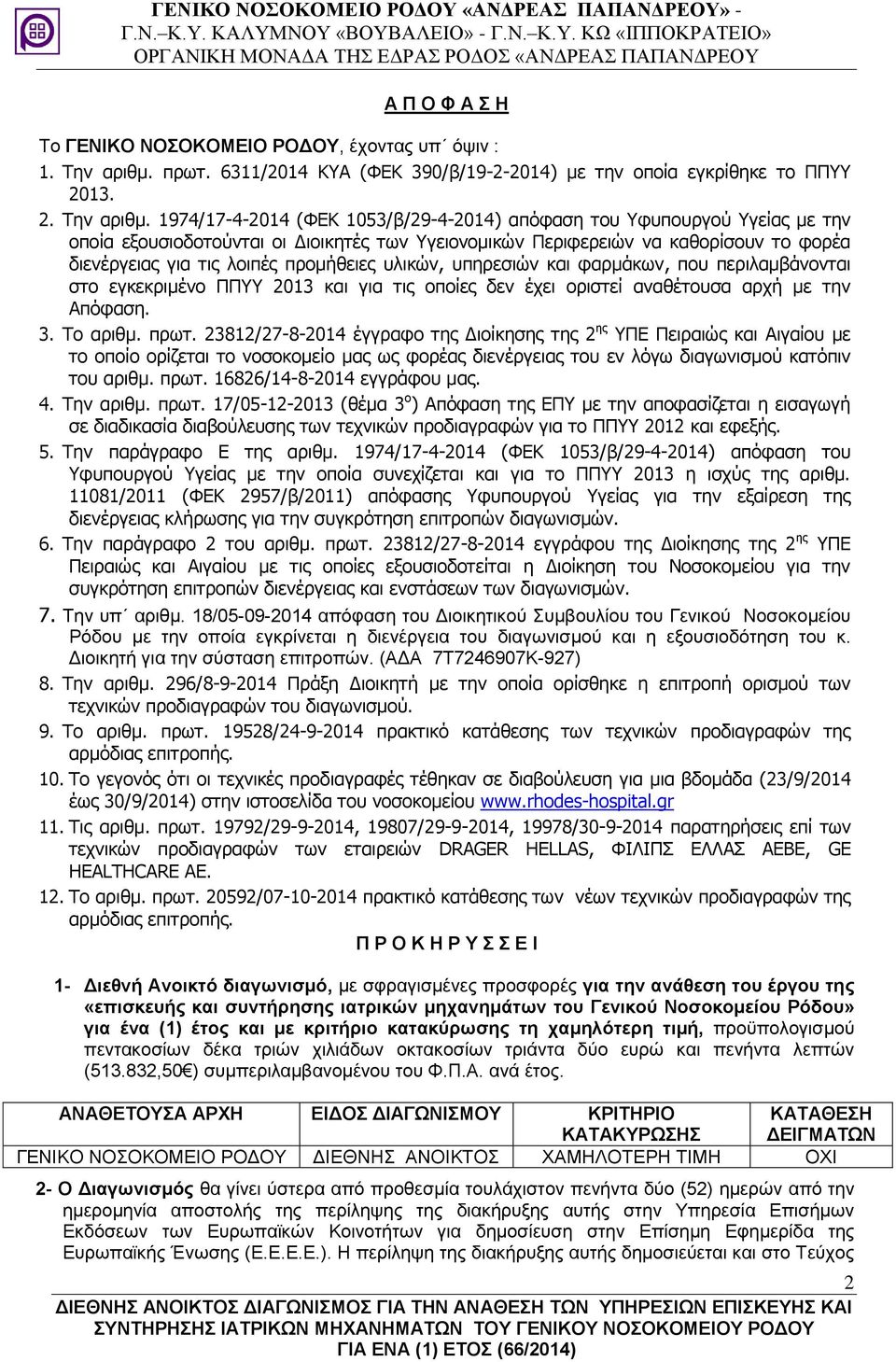 1974/17-4-2014 (ΦΕΚ 1053/β/29-4-2014) απόφαση του Υφυπουργού Υγείας με την οποία εξουσιοδοτούνται οι Διοικητές των Υγειονομικών Περιφερειών να καθορίσουν το φορέα διενέργειας για τις λοιπές